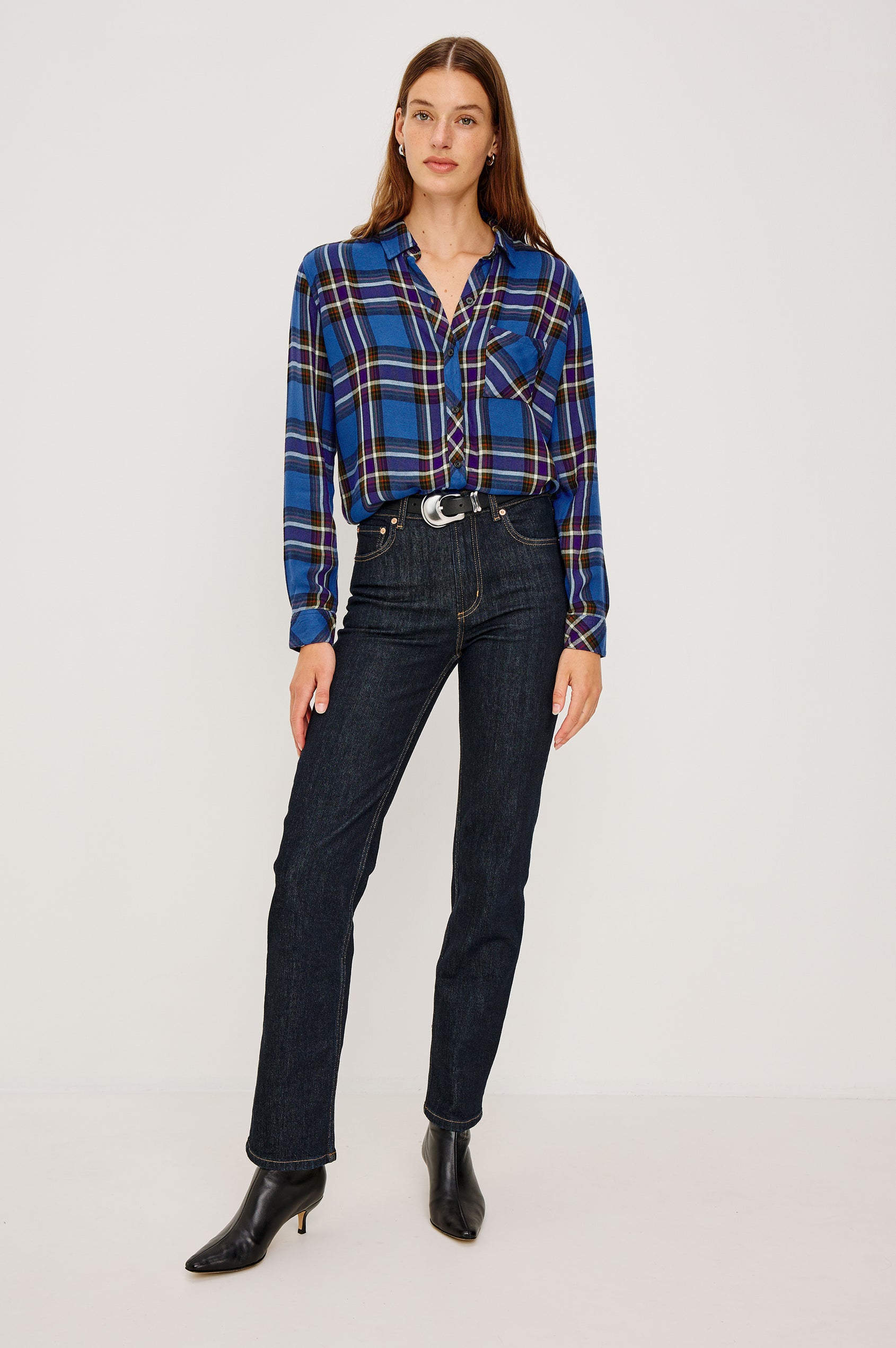 Hunter Long-Sleeve Button Up with a Chest Patch Pocket in Sapphire Indigo Colorway, plaid - Full body Front View Featured on Model