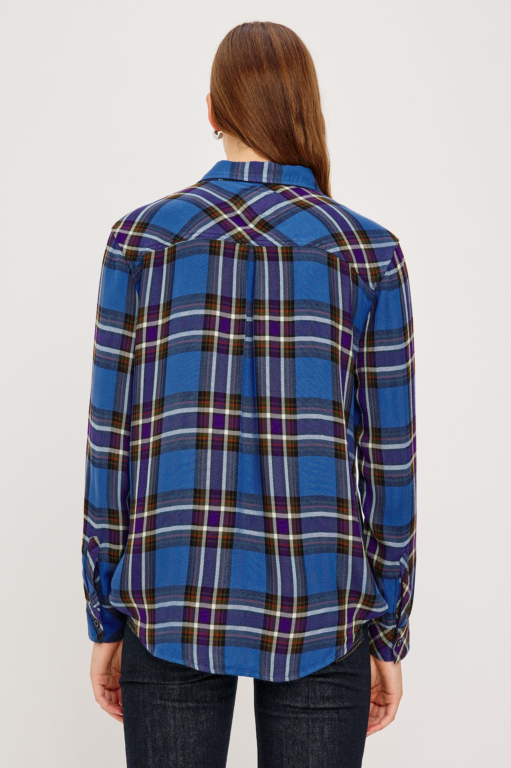 Hunter Long-Sleeve Button Up with a Chest Patch Pocket in Sapphire Indigo Colorway, plaid -Back View Featured on Model