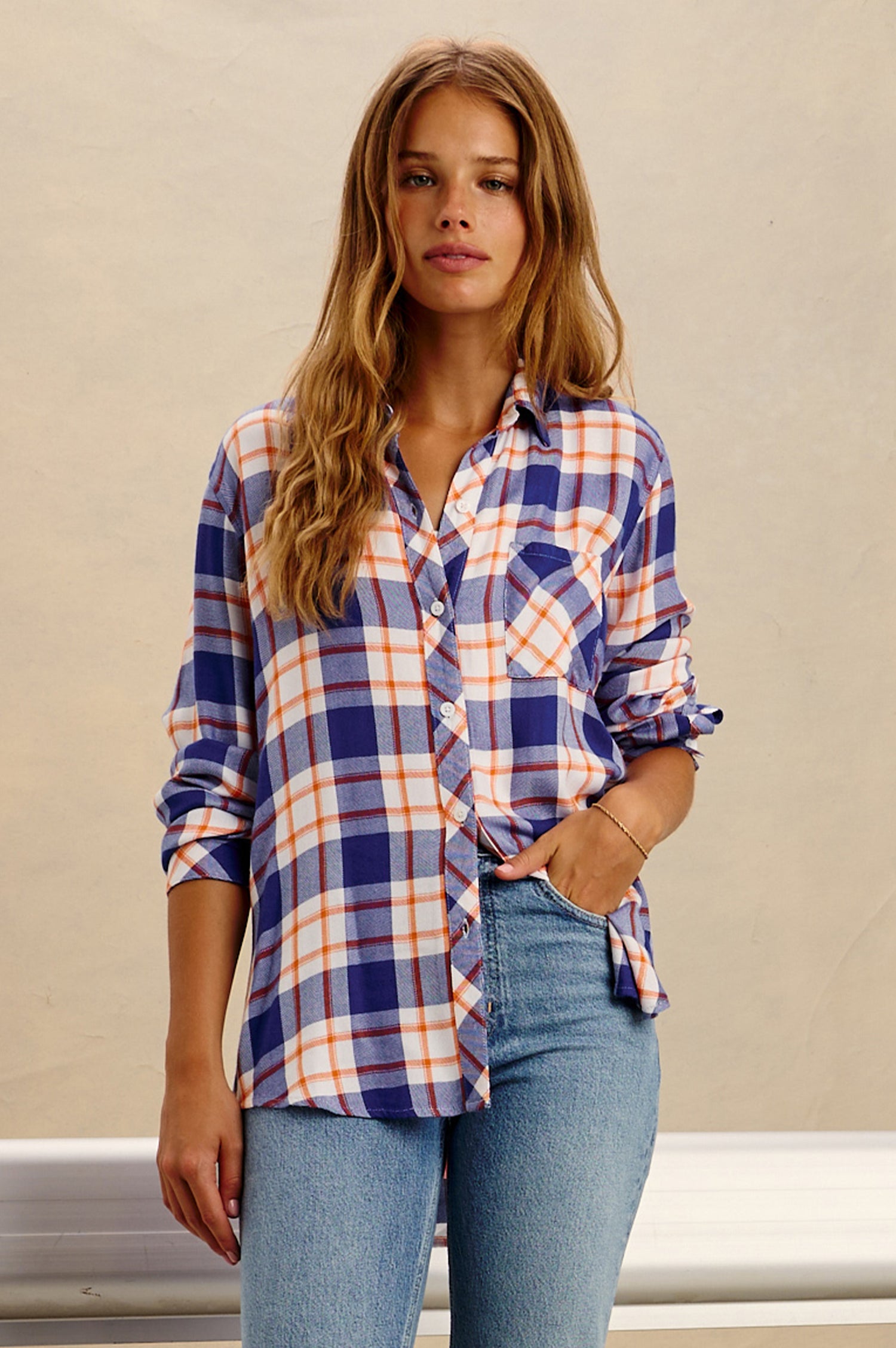 Hunter Plaid Button-Up Shirt in Signature Soft Rayon With Cashmere-Like Feel, Collar, Chest Patch Pocket, and Long Sleeves in Varsity Blue Colorway - Upper Body Front View Featured on Model