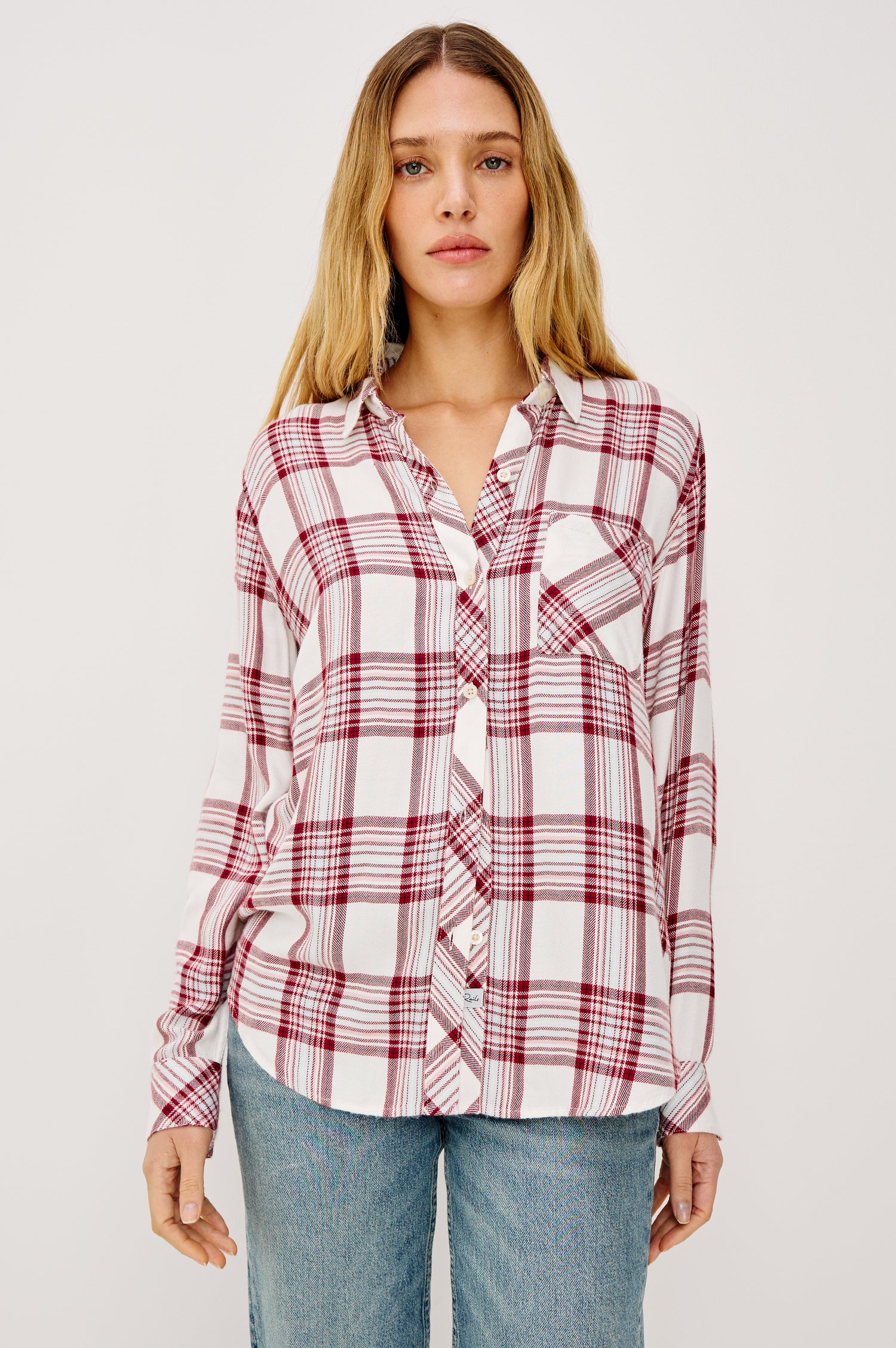 Hunter Long-Sleeve Button Up with a Chest Patch Pocket in White Sangria Colorway, plaid - Front View Featured on Model