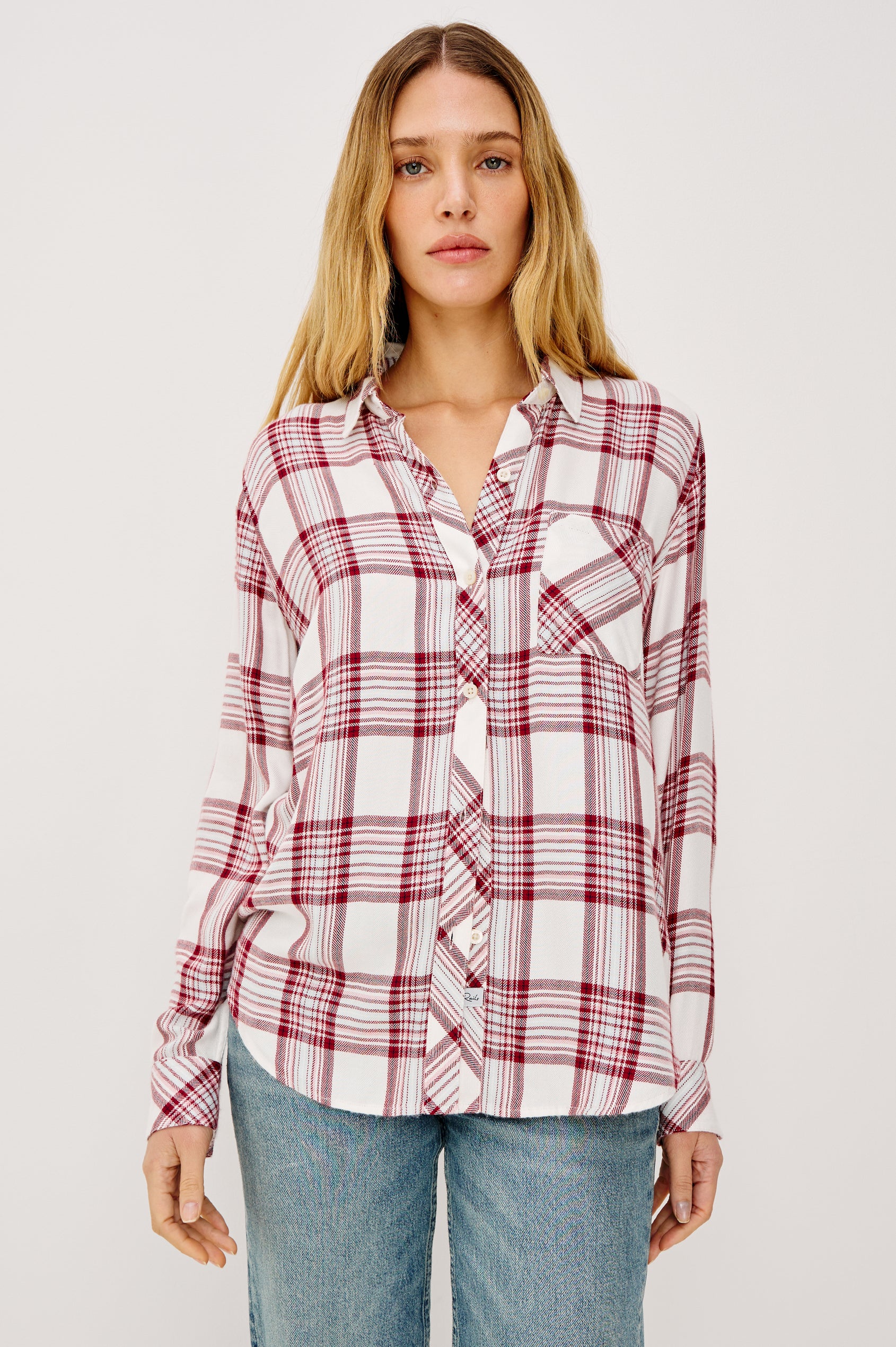 Hunter Long-Sleeve Button Up with a Chest Patch Pocket in White Sangria Colorway, plaid - Front View Featured on Model