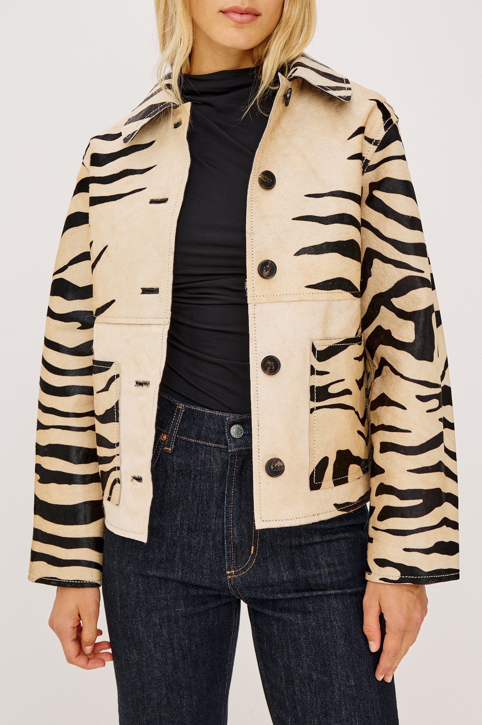 Haisley Leather Zebra Haircalf Jacket with Two Front Patch Pockets in a tan and black colorway - Front View Featured on Model 