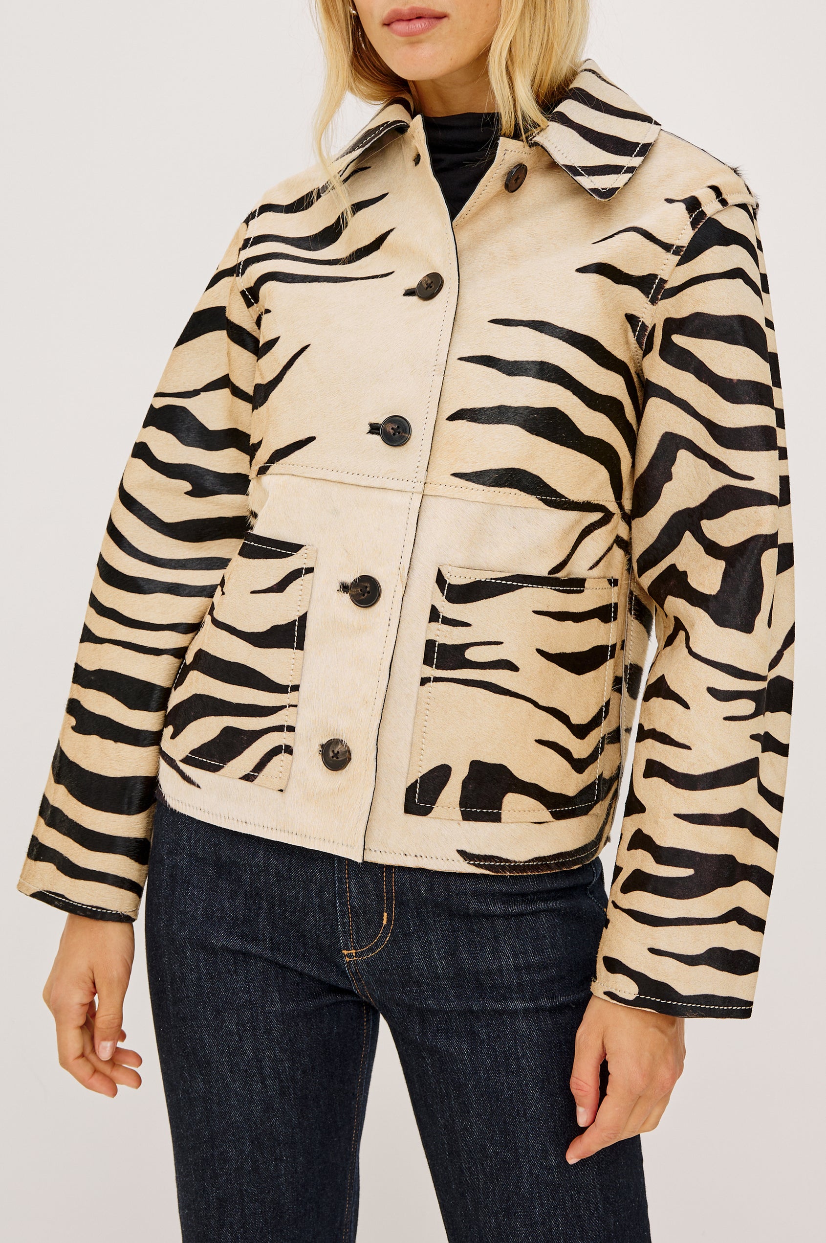 Haisley Leather Zebra Haircalf Jacket with Two Front Patch Pockets in a tan and black colorway - Front View Featured on Model 