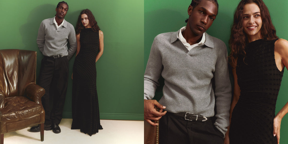 Two-panel image of a man in a gray ribbed polo-collar sweater over a white shirt and black trousers, standing beside a woman in a sleeveless black textured maxi dress. They lean against a green wall next to a brown leather wingback chair, with a closer crop of the pair on the right.
