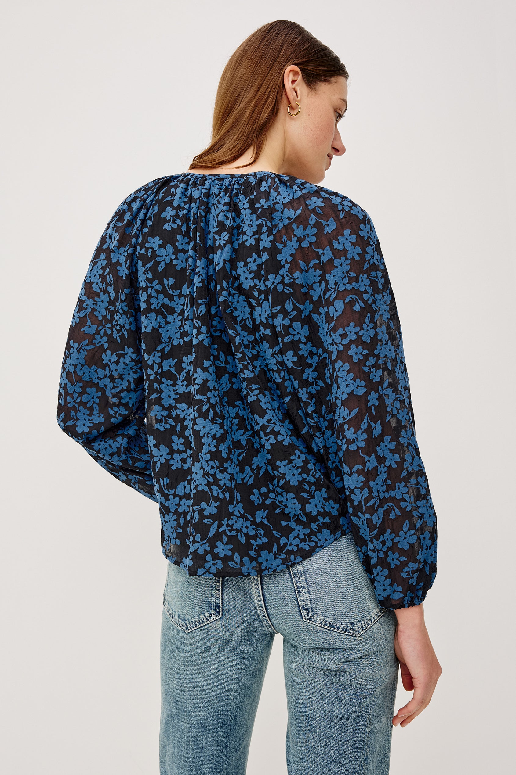Indi Top in Crinkle Jacquard With Front Button-and-Loop Closures Long Sleeves and Relaxed Fit in Midnight Silhouette Floral Colorway - Upper Body Back View Featured on Model