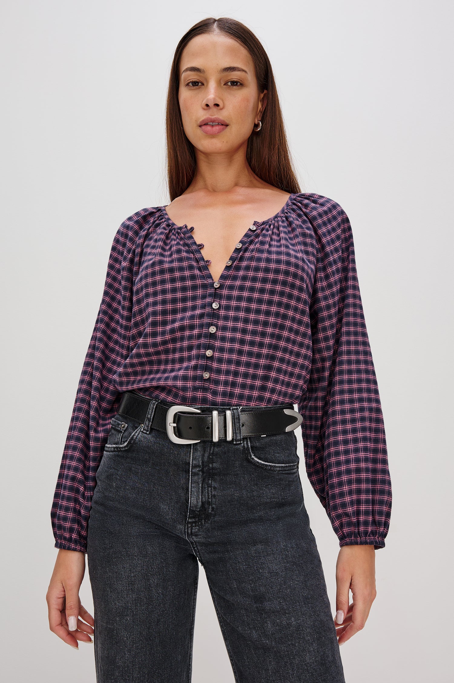 Indi Top with a V Neckline with a Button Placket, Pleating at Back Neckline and Elastic Cuffs in Rose Check Colorway - Front tucked in View Featured on Model