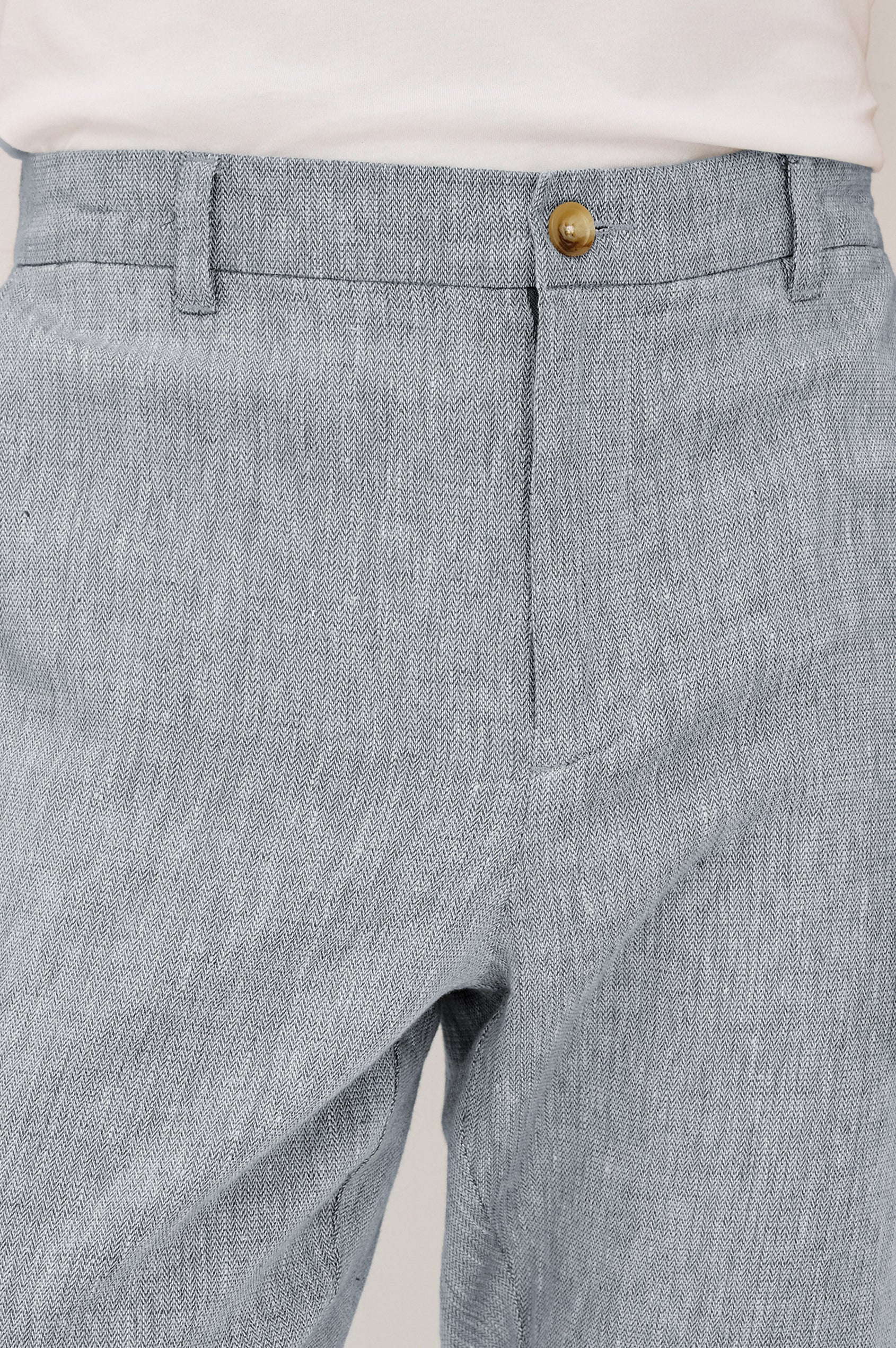 Irving Pant in Cotton-Linen Blend With Slim Straight Legs, Side Slant Pockets, and Back Welt Pockets in Bicoastal Blue Colorway - Lower Body Front View Featured on Model