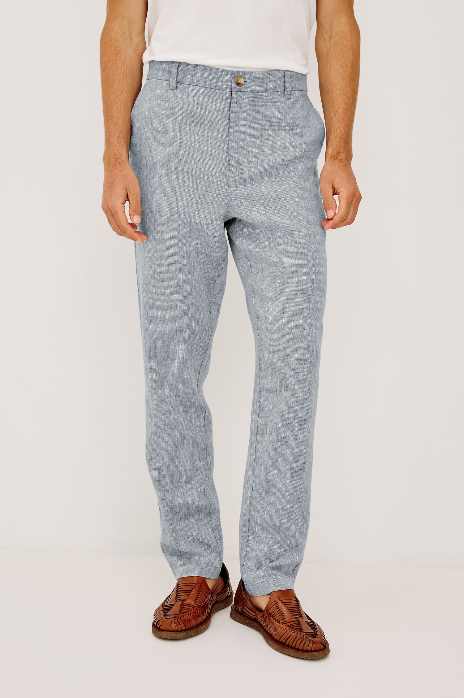 Irving Pant in Cotton-Linen Blend With Slim Straight Legs, Side Slant Pockets, and Back Welt Pockets in Bicoastal Blue Colorway - Lower Body Front View Featured on Model