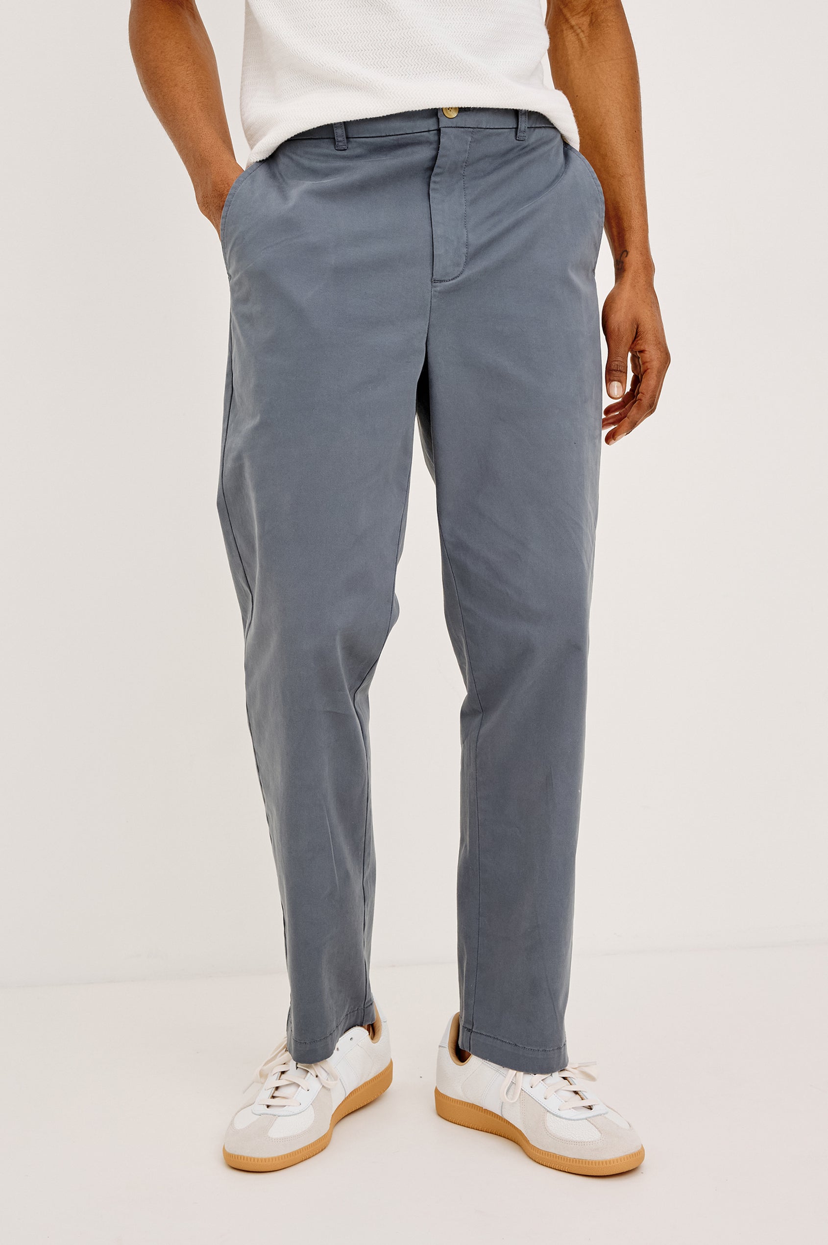 Irving Slim Straight Pant With Side Slant Pockets and Back Welt Pockets in Ensign Blue Colorway - Lower Body Front View Featured on Model