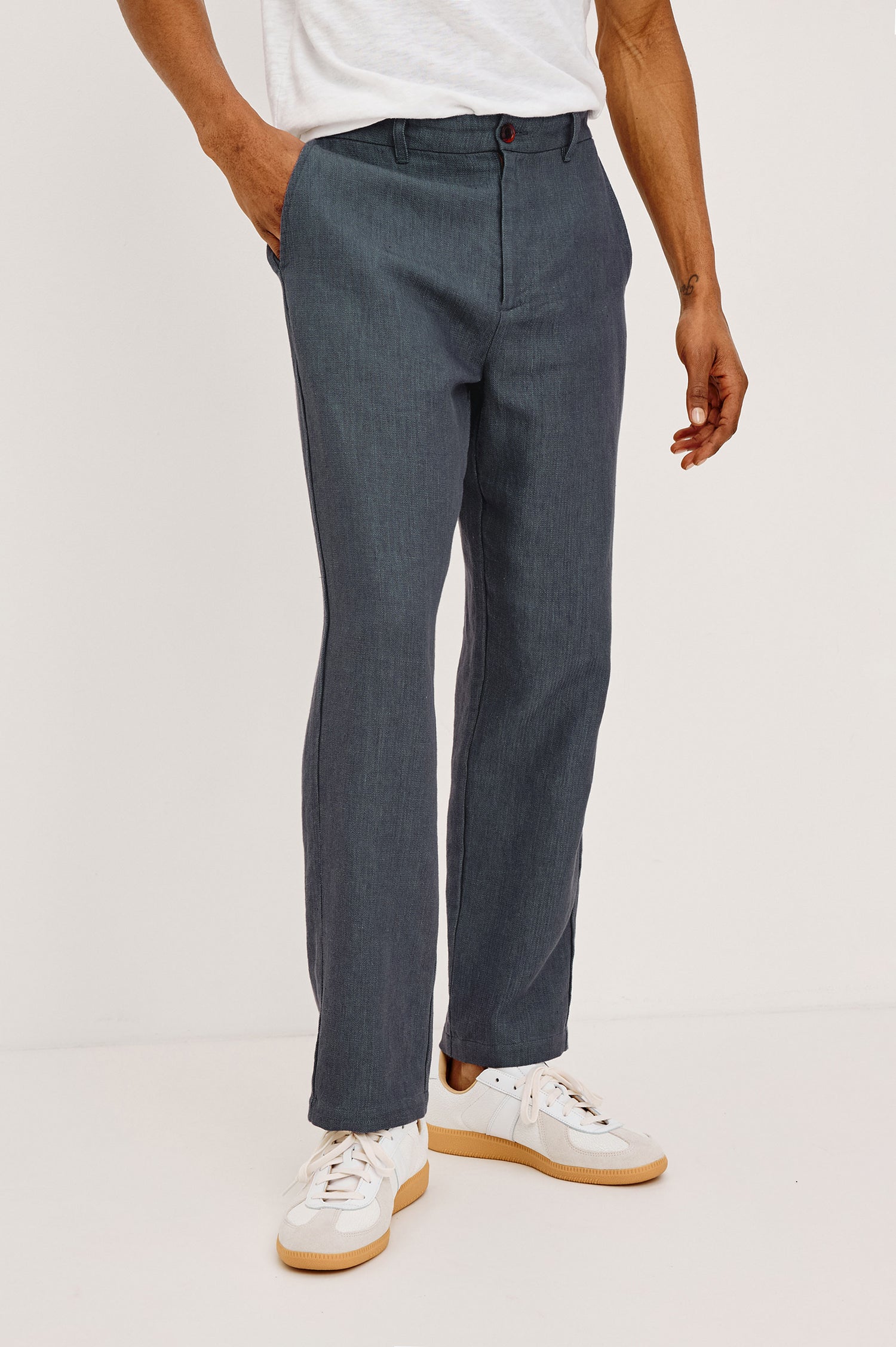 Irving Slim Straight Pant With Side Slant Pockets, and Back Welt Pockets in Meridian, a blue Colorway - Lower Body Front View Featured on Model