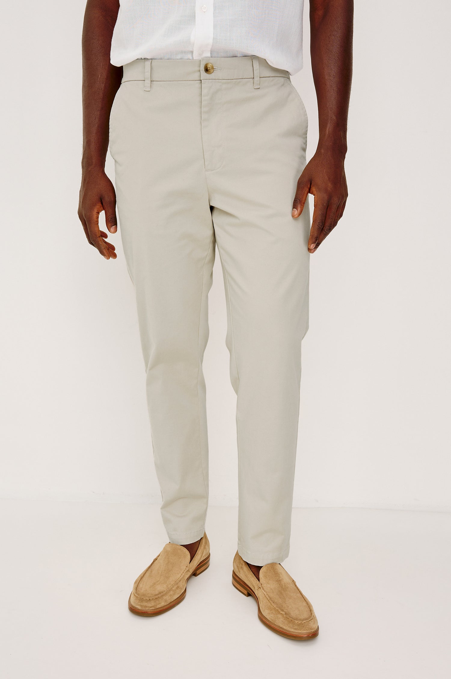 Irving Slim Straight Pant With Side Slant Pockets, and Back Welt Pockets in Stone Colorway - Lower Body Front View Featured on Model