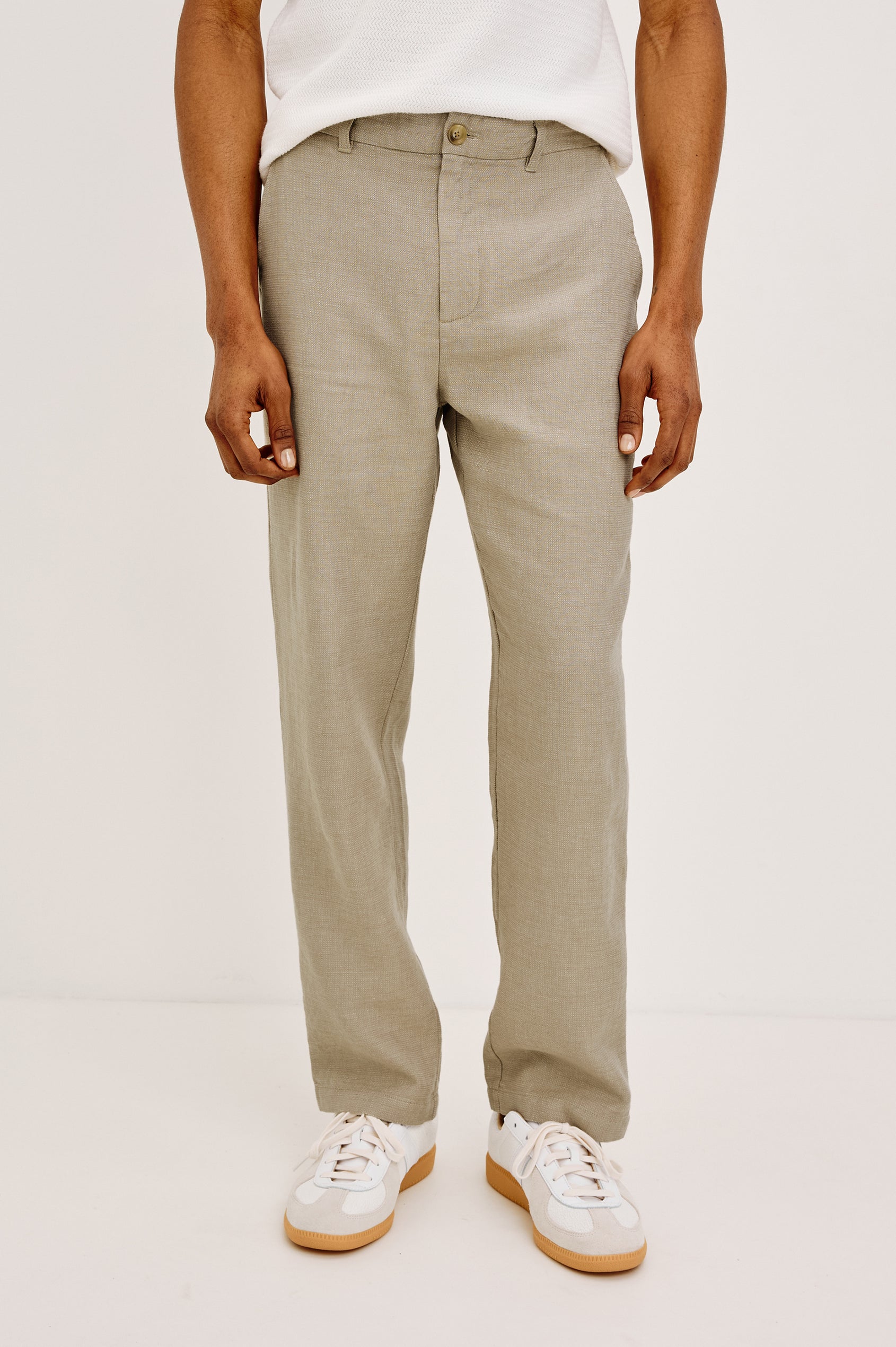 Irving Slim Straight Pant With Side Slant Pockets and Back Welt Pockets in White Oak Colorway - Lower Body Front View Featured on Model