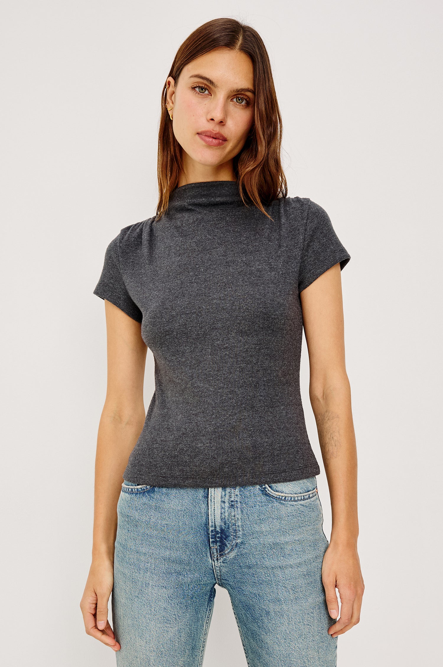 Isobel Top in Brushed Rib Jersey With Funnel Neckline, Shirred Shoulders, and Short Sleeves in Charcoal Colorway - Upper Body Front View Featured on Model