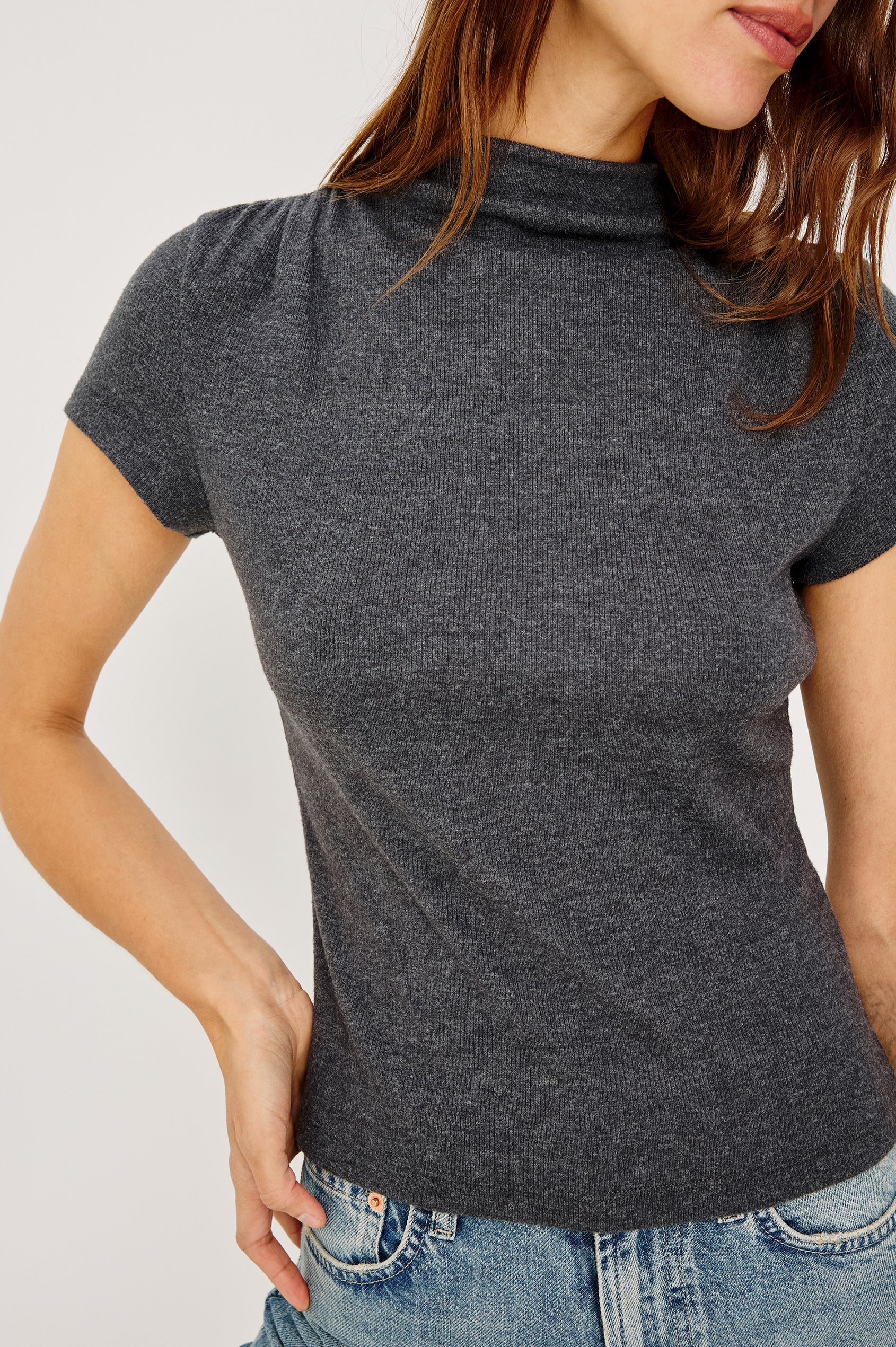 Isobel Top in Brushed Rib Jersey With Funnel Neckline, Shirred Shoulders, and Short Sleeves in Charcoal Colorway - Upper Body Close Up Front View Featured on Model