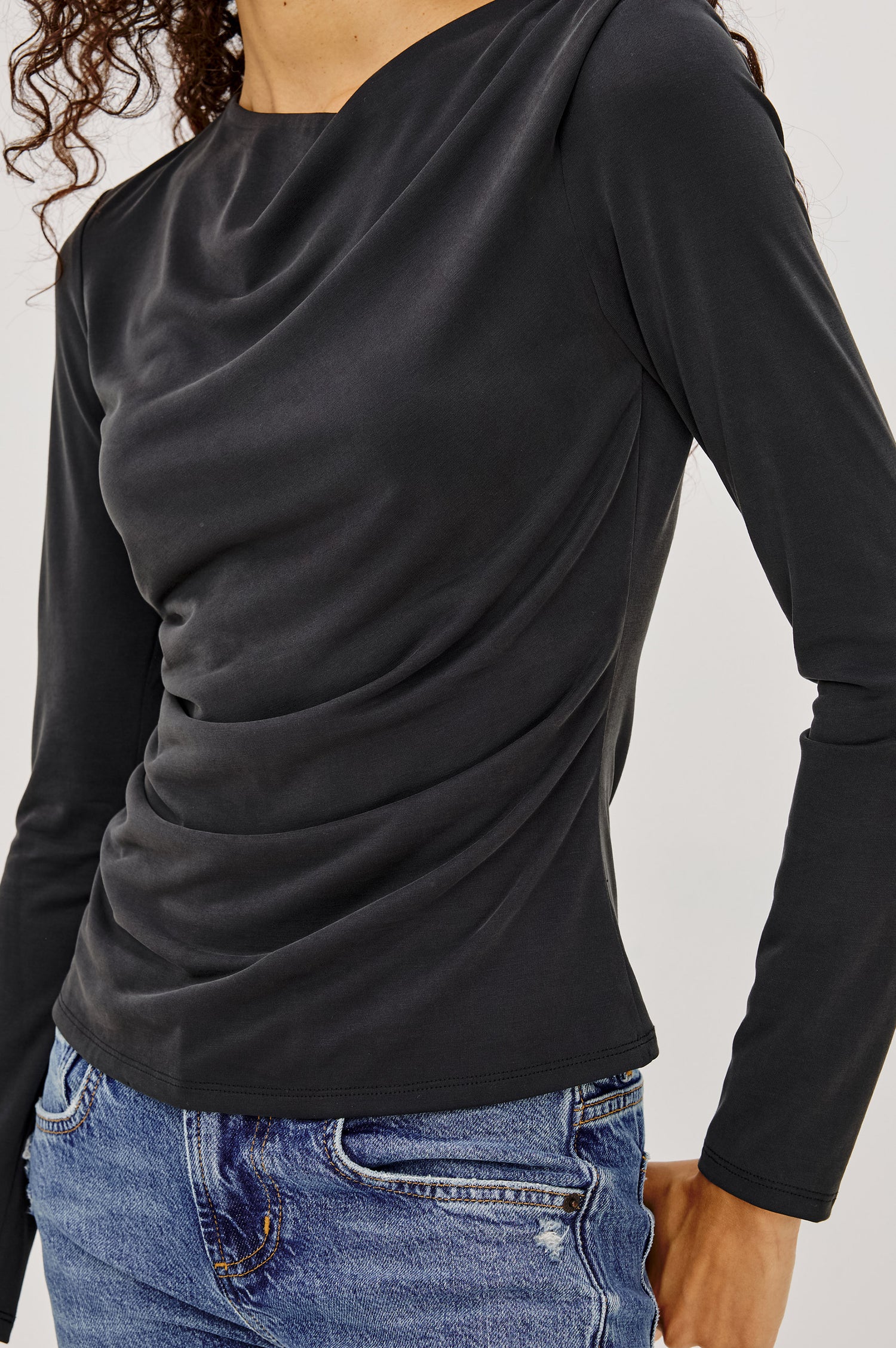 Issel Top in Soft Jersey With Cowl Neckline, Ruched Waist, and Form-Fitting Silhouette in Ash Colorway - Upper Body Front View Featured on Model