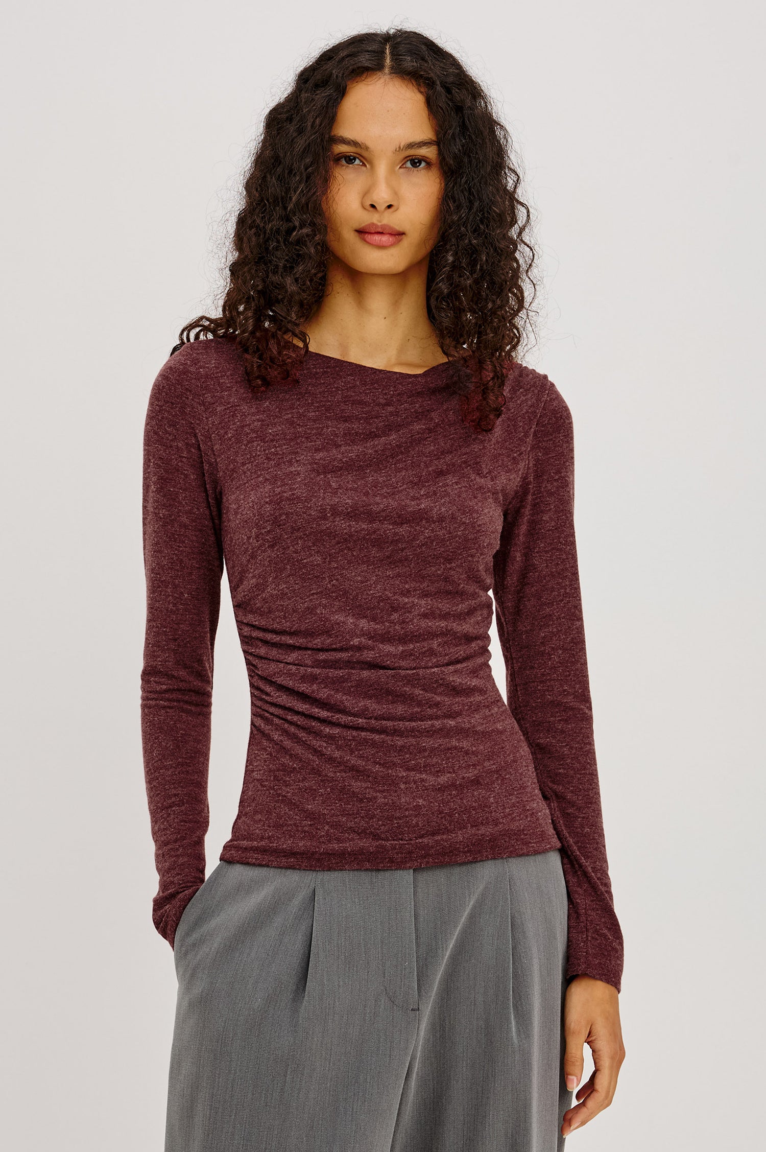 Issel Top in Soft Jersey With Cowl Neckline, Ruched Waist, and Form-Fitting Silhouette in Merlot Colorway - Upper Body Front View Featured on Model
