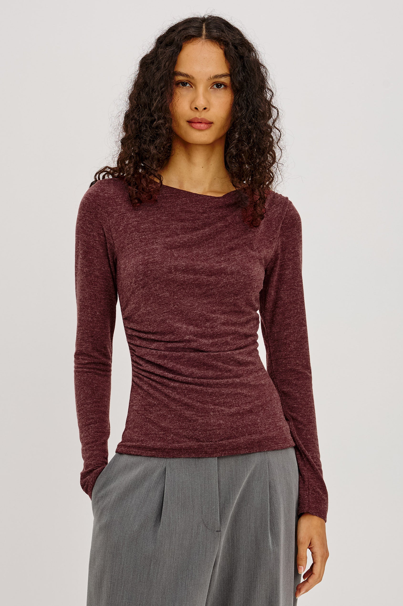 Issel Top in Soft Jersey With Cowl Neckline, Ruched Waist, and Form-Fitting Silhouette in Merlot Colorway - Upper Body Front View Featured on Model