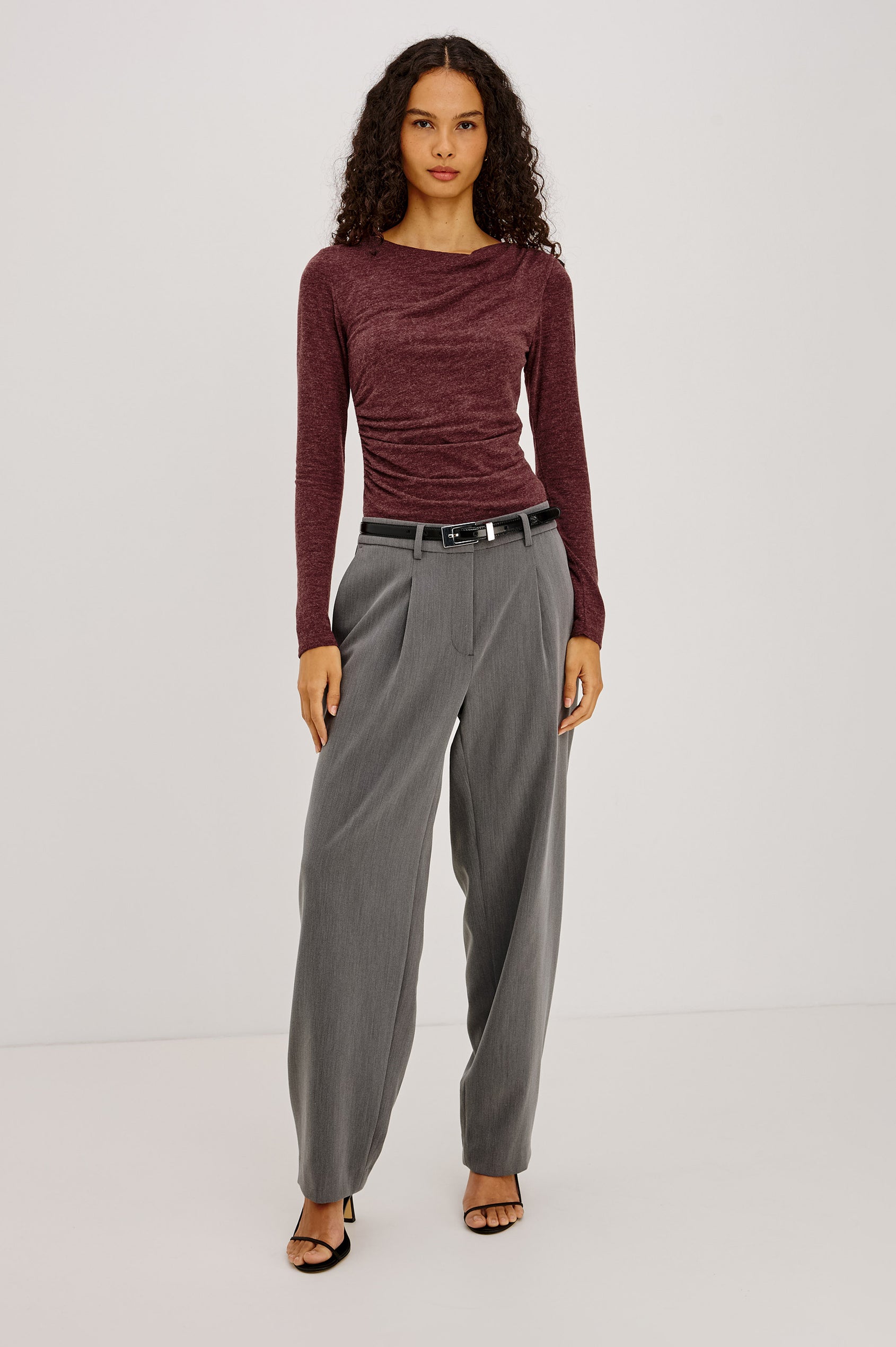 Issel Top in Soft Jersey With Cowl Neckline, Ruched Waist, and Form-Fitting Silhouette in Merlot Colorway - Full Body Front View Featured on Model