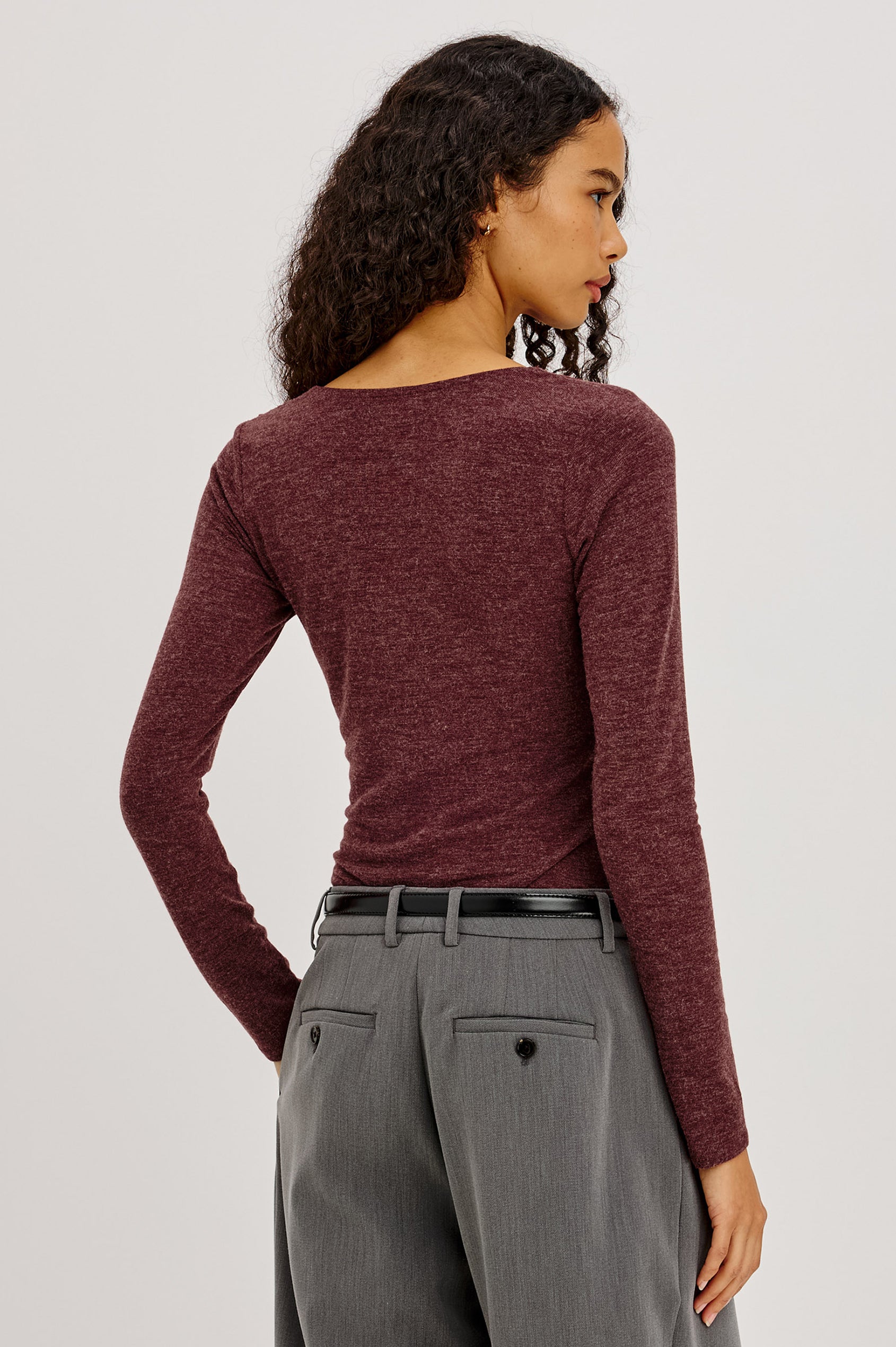 Issel Top in Soft Jersey With Cowl Neckline, Ruched Waist, and Form-Fitting Silhouette in Merlot Colorway - Upper Body Back View Featured on Model