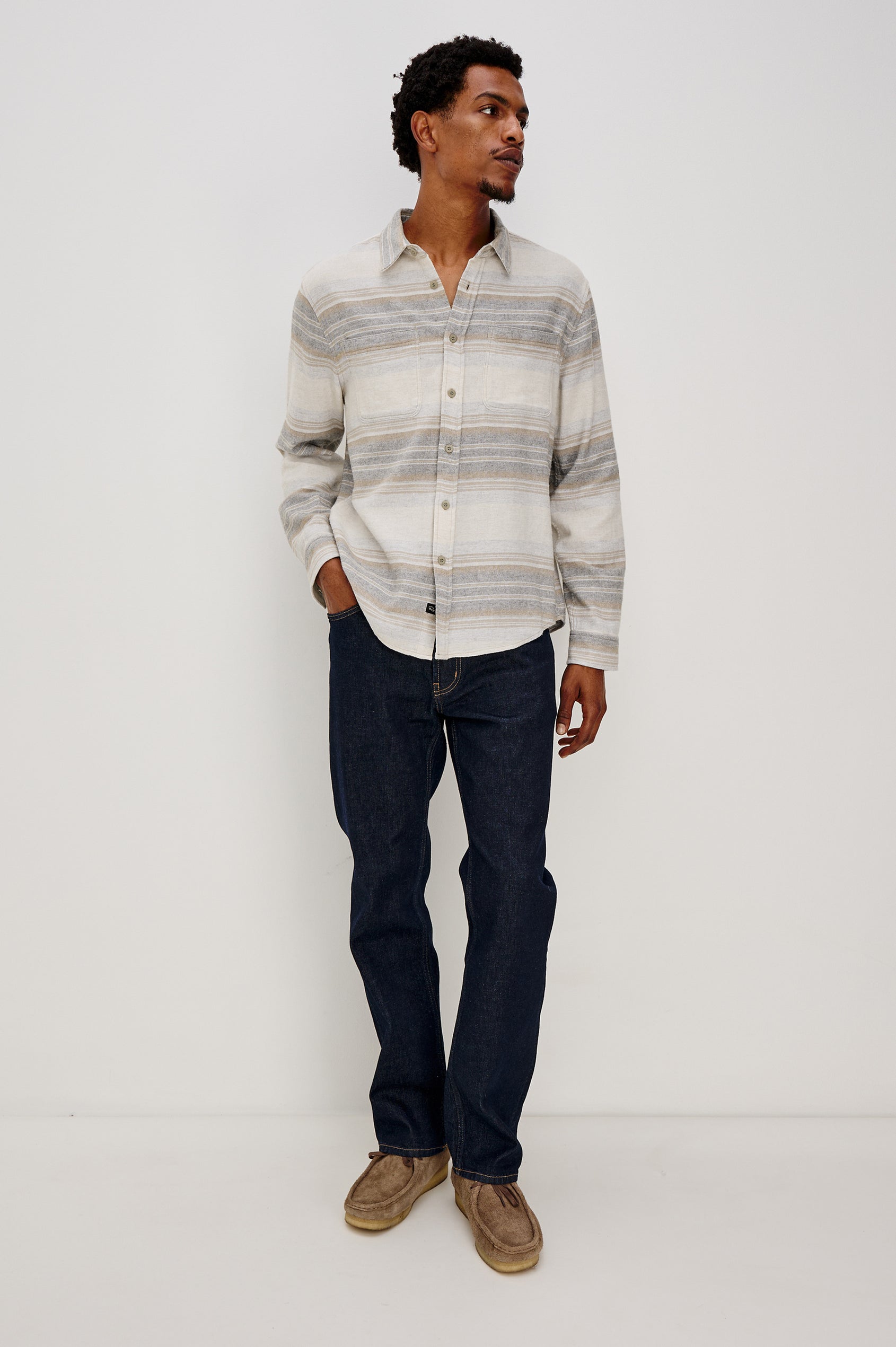 Ivan button front collared shirt with long sleeves and two chest pockets in horizontal stripe - lunar rock stripe colorway. Full Body Front View on Model Shown.