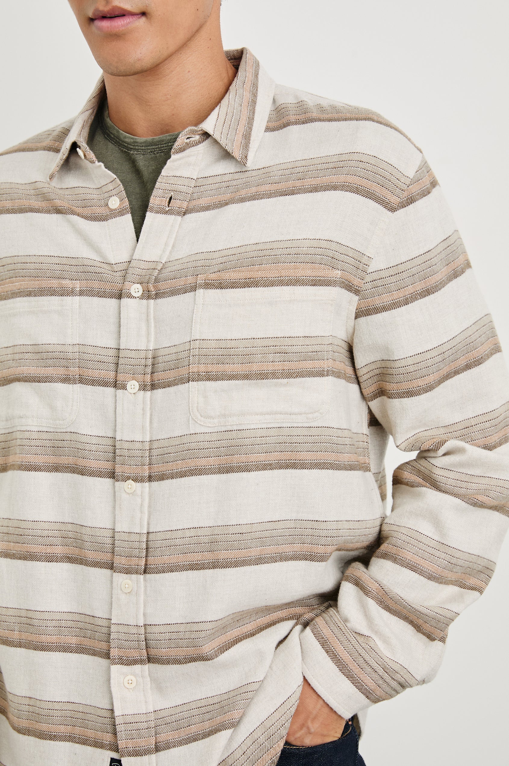 Ivan Long-Sleeve Button Up with Two Chest Patch Pockets in Sunset Canteen Colorway , with horizontal stripes in browns on Canteen - Front View Featured on Model