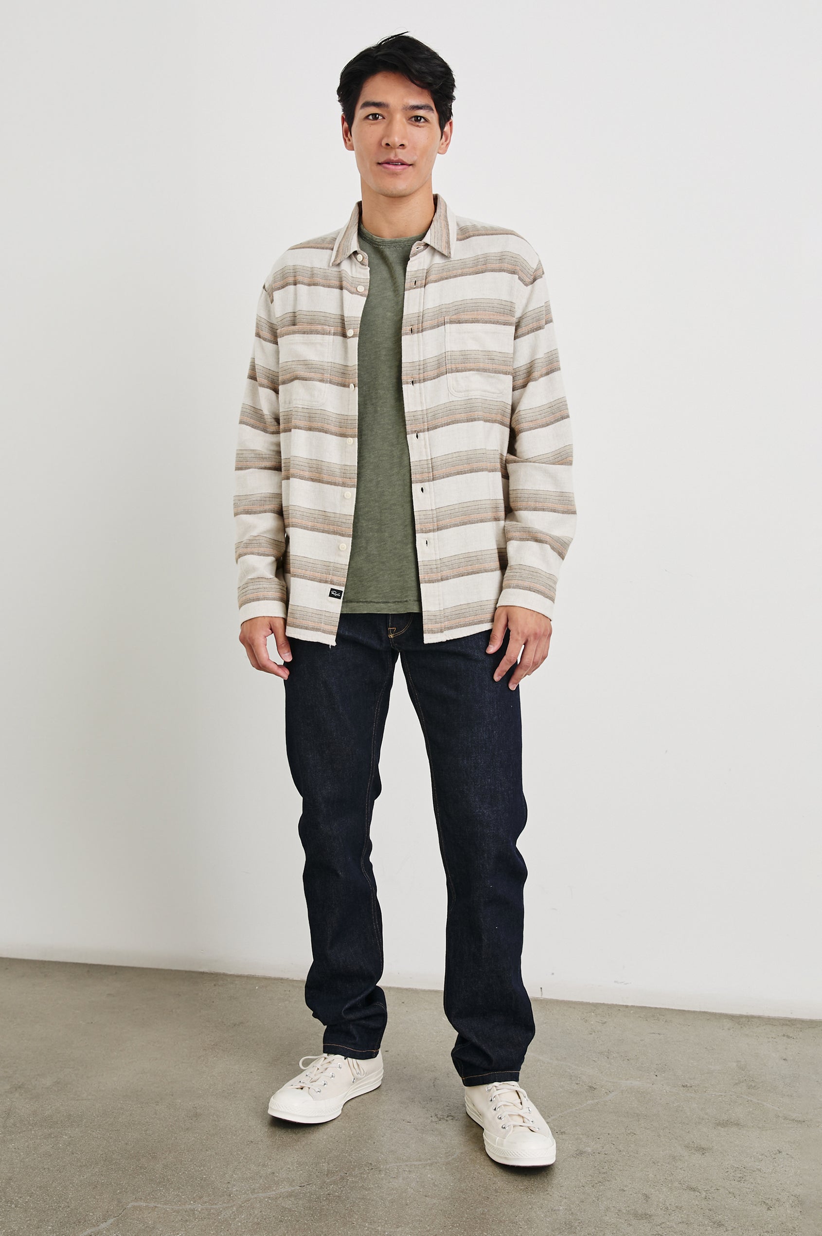 Ivan Long-Sleeve Button Up with Two Chest Patch Pockets in Sunset Canteen Colorway, with horizontal stripes in browns on Canteen - Front Full Body View Featured on Model