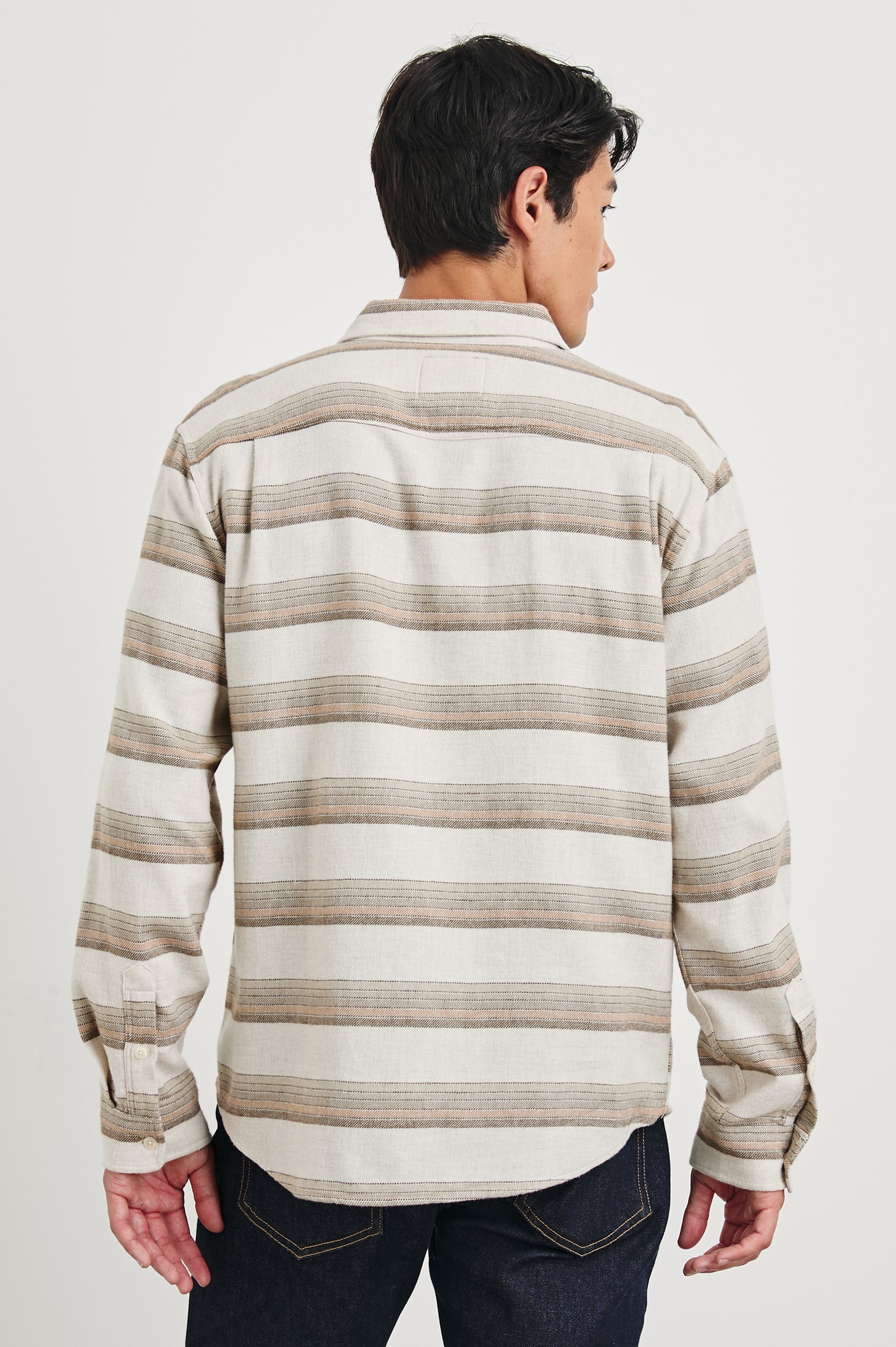 Ivan Long-Sleeve Button Up with Two Chest Patch Pockets in Sunset Canteen Colorway, with horizontal stripes in browns on Canteen - Back View Featured on Model