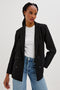 Jac Double-Breasted Blazer with Two Front Flap Pockets and a Notched Label in Black Twill Colorway - Front View Featured on Model
