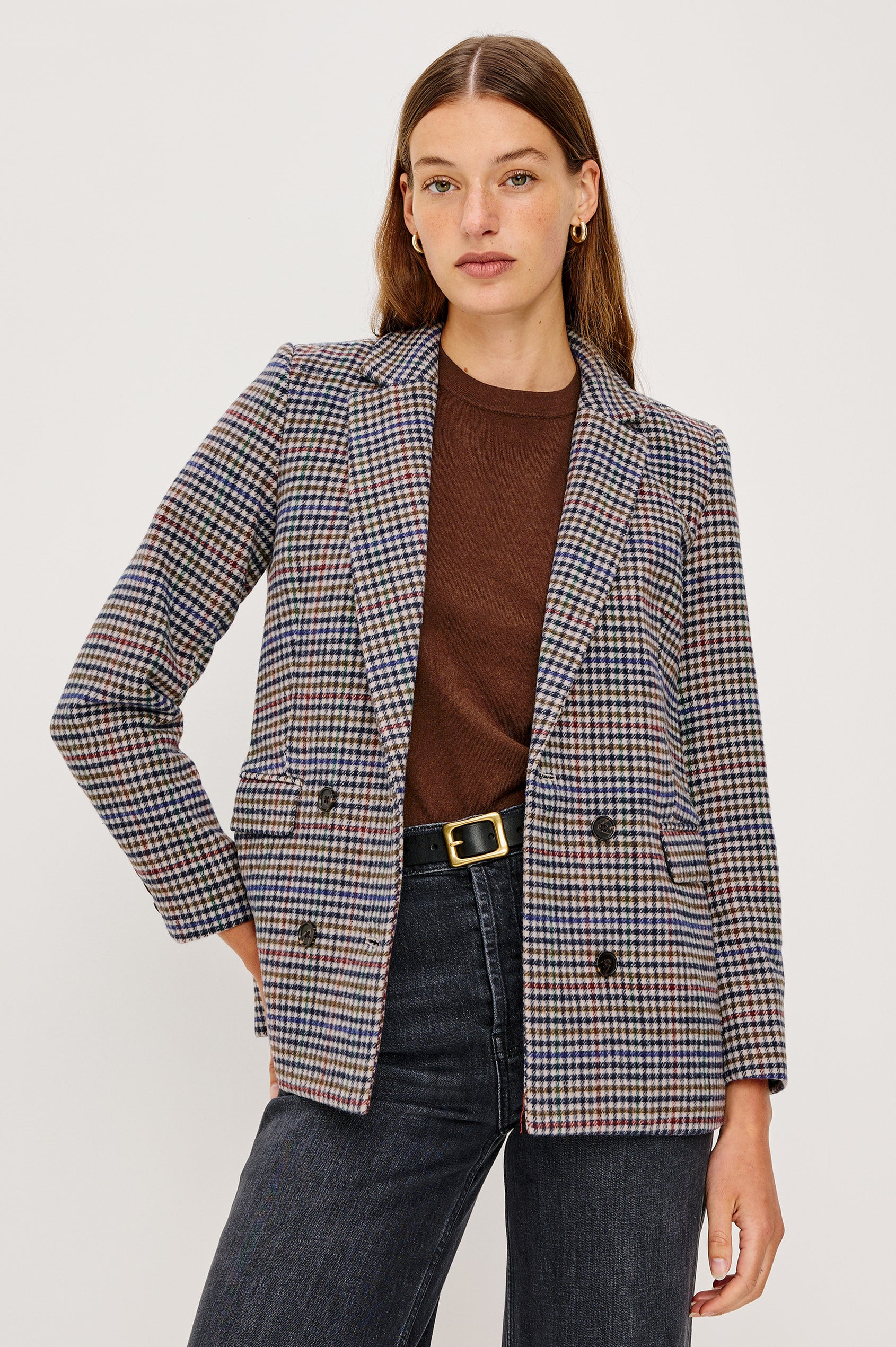 Jac Double-Breasted Blazer with Two Front Flap Pockets and a Notched Label in Cardinal Pine Multi Colorway, a plaid with Cardinal, Pine, Blue, Cream and Black - Front View Featured on Model