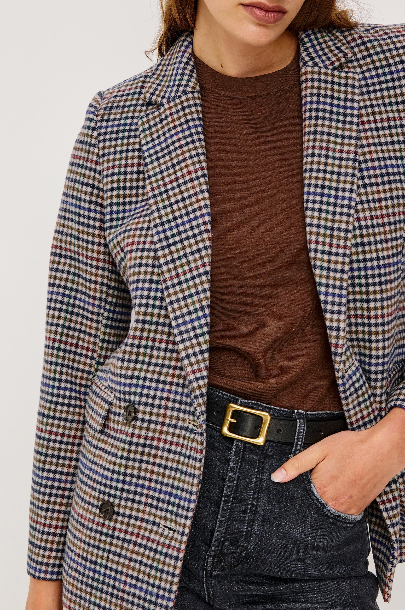 Jac Double-Breasted Blazer with Two Front Flap Pockets and a Notched Label in Cardinal Pine Multi Colorway, a plaid with Cardinal, Pine, Blue, Cream and Black - Close up View Featured on Model