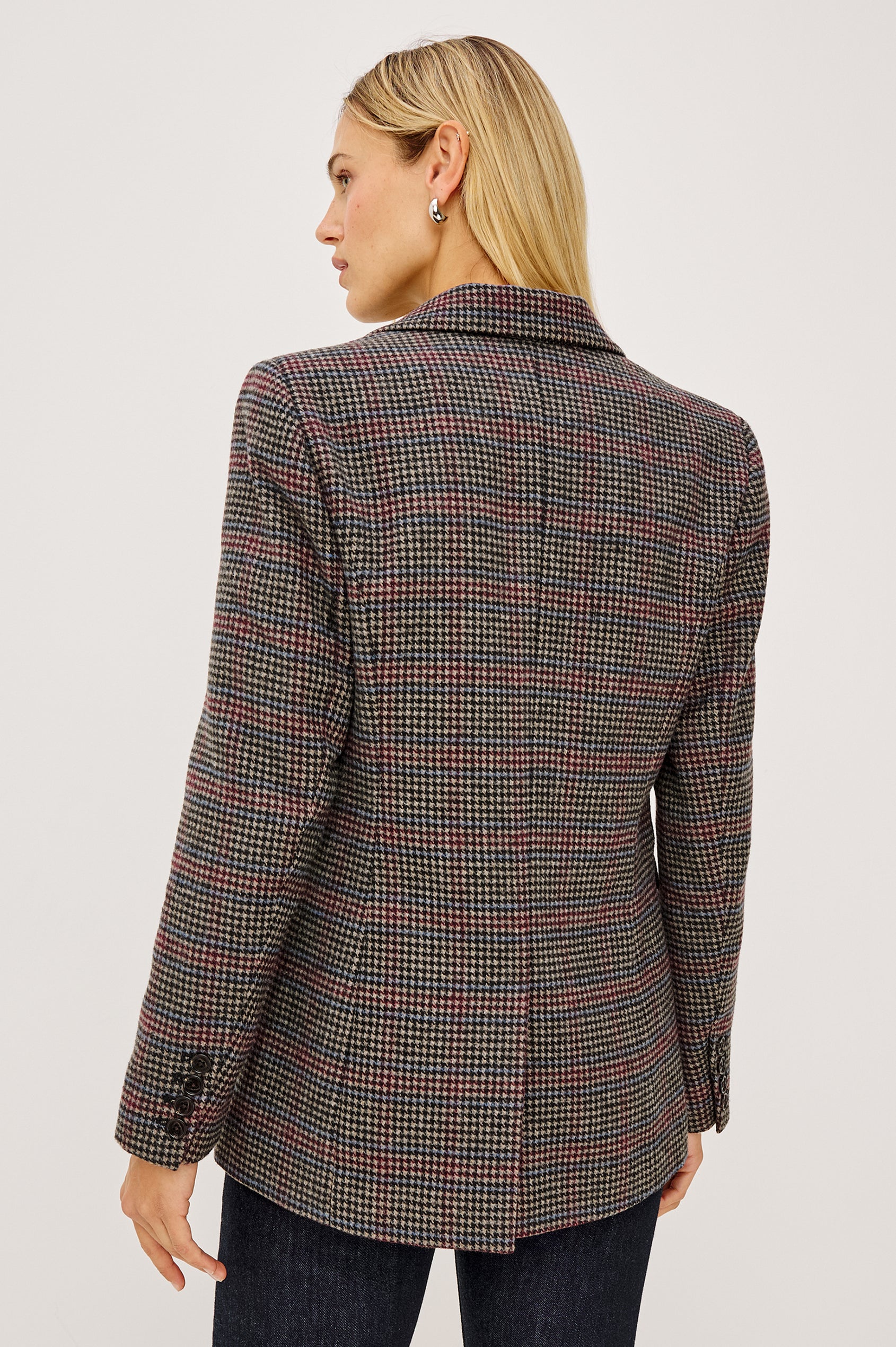 Jac Blazer in Wool Blend With Double-Breasted Design, Notched Lapels, Long Sleeves, Side Flap Pockets, and Fully Lined in Oxford Plum Colorway - Upper Body Back View Featured on Model