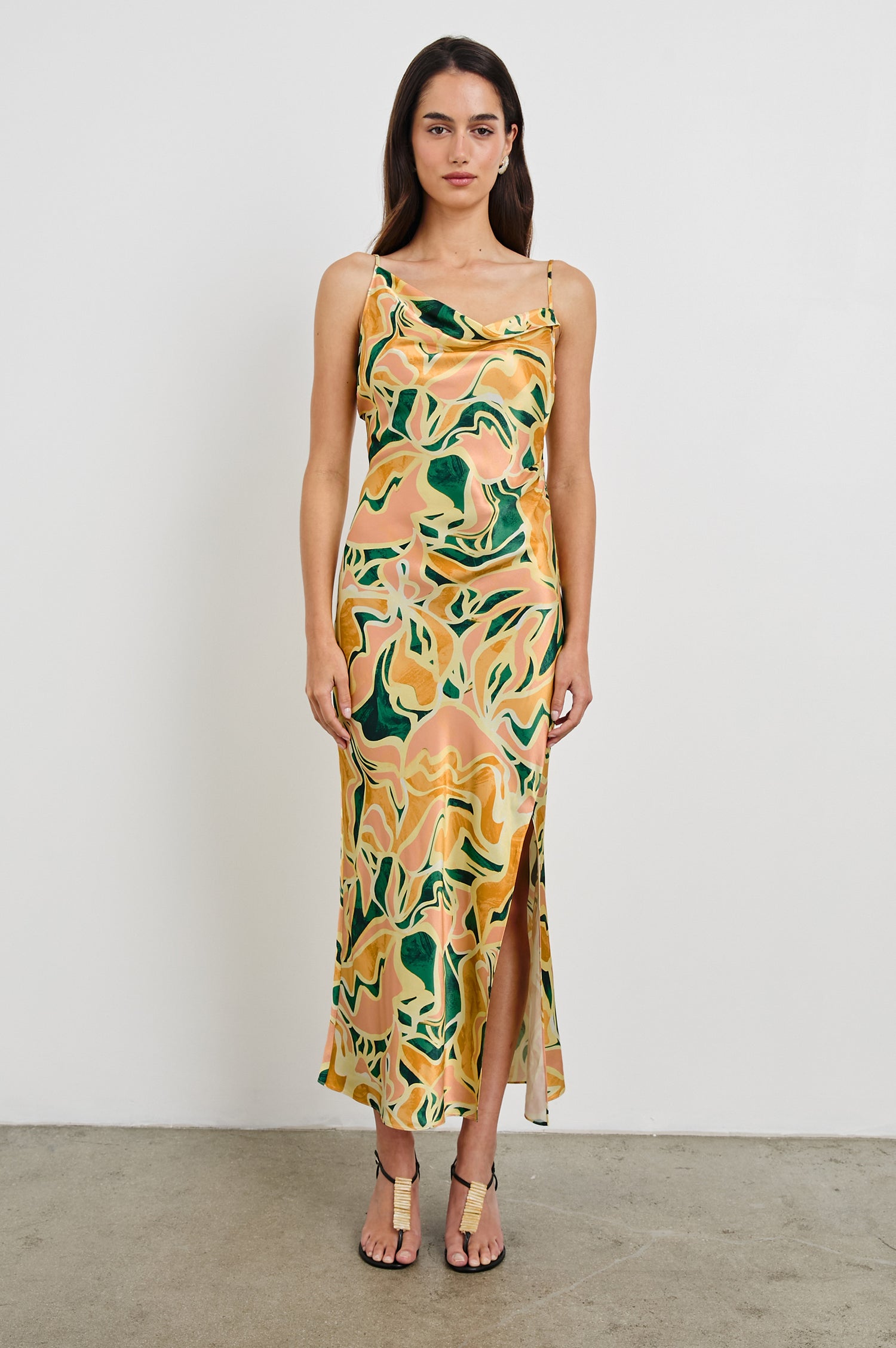 Jackie Midi Cowl Neck Dress with Asymmetrical Spaghetti Straps and a Curved Side Slit in Tulum Colorway. Full Body Front View Shown on Model.