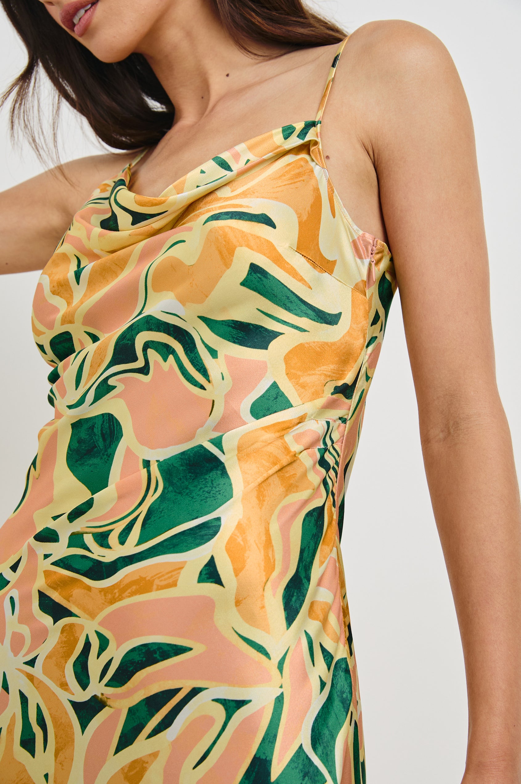 Jackie Midi Cowl Neck Dress with Asymmetrical Spaghetti Straps and a Curved Side Slit in Tulum Colorway. Front Detailed View Shown on Model.