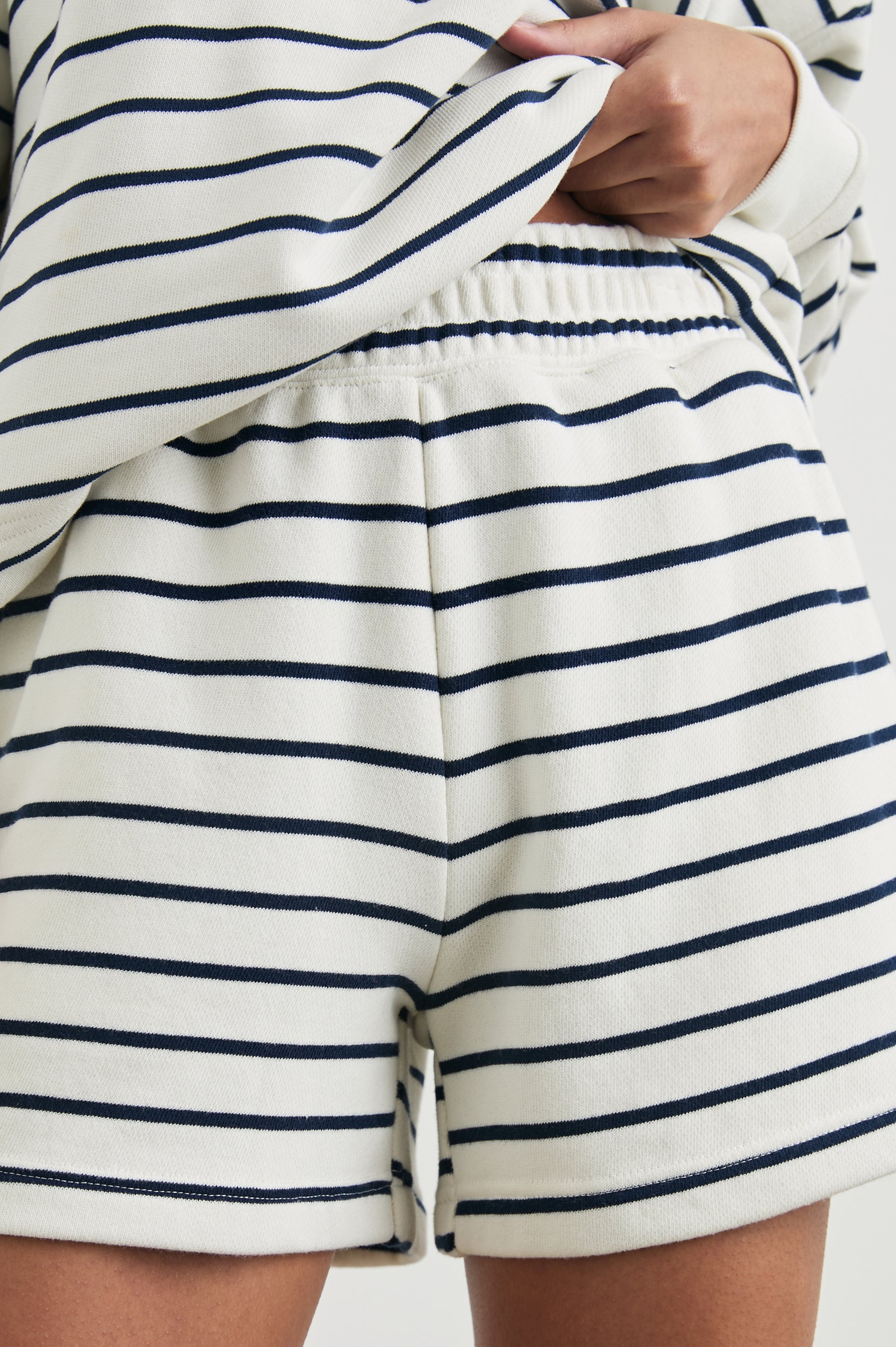 Jane Shorts with a Shirred Waist, Two Front Pockets and a Back Patch Pocket in Sailor Stripe Navy Colorway, Thin Navy Horizontal Stripes on White - Front View Featured on Model 