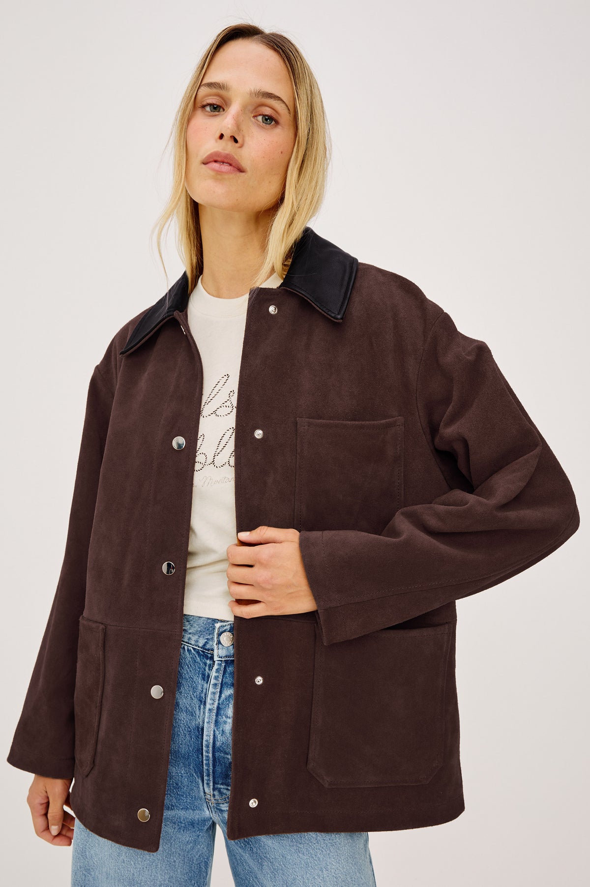 Jaxton Jacket in Suede With Contrast Leather Collar, Relaxed Oversized Fit, Snap-Button Front, Chest Patch Pocket, and Dual Lower Pockets in Espresso Colorway - Upper Body Front View Featured on Model