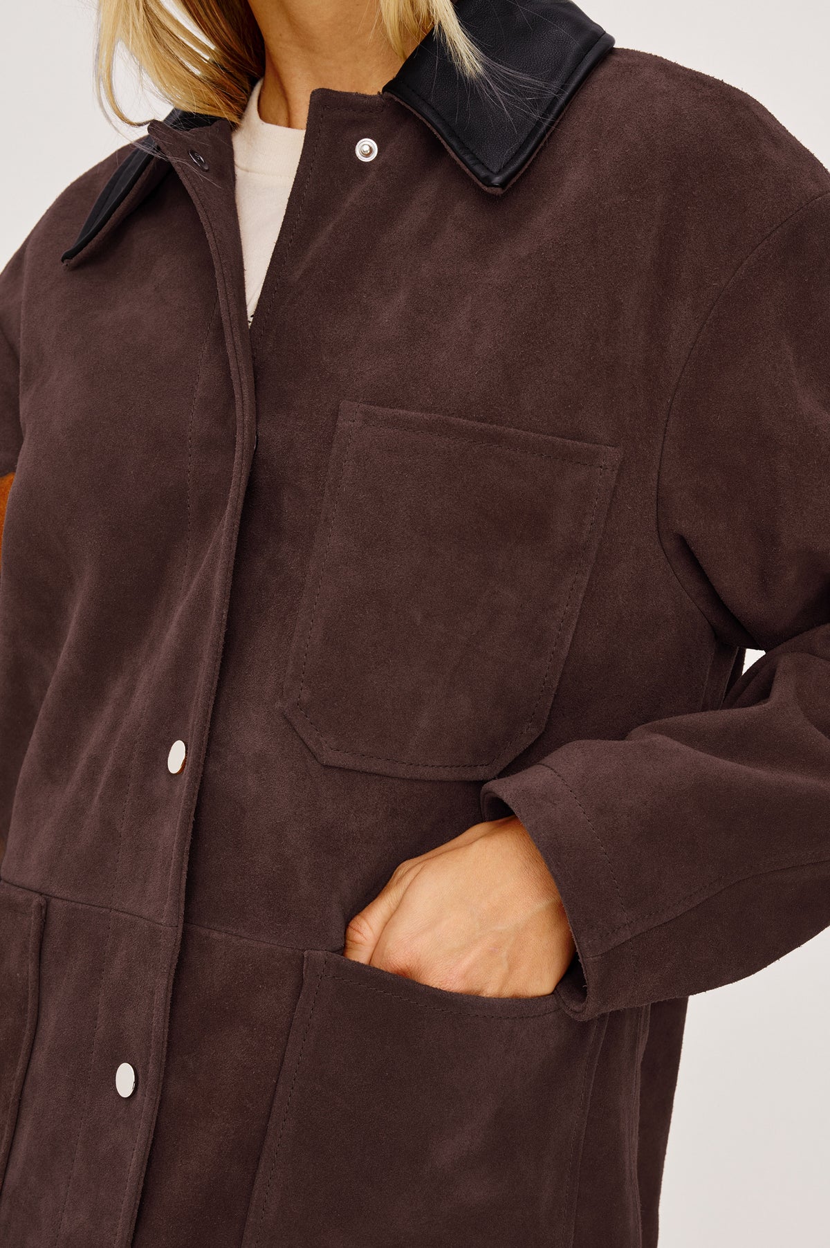 Jaxton Jacket in Suede With Contrast Leather Collar, Relaxed Oversized Fit, Snap-Button Front, Chest Patch Pocket, and Dual Lower Pockets in Espresso Colorway - Upper Body Front View Featured on Model