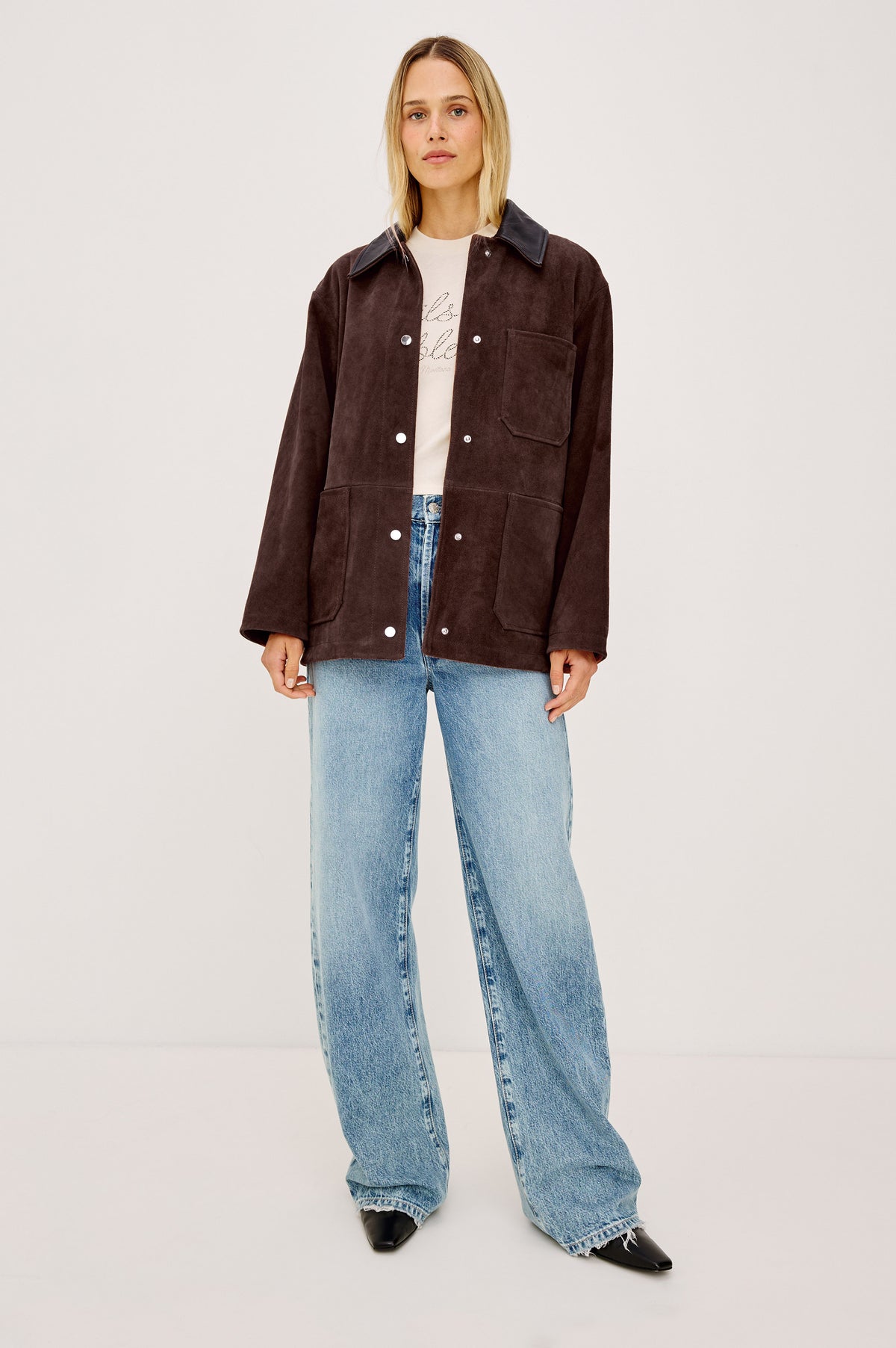 Jaxton Jacket in Suede With Contrast Leather Collar, Relaxed Oversized Fit, Snap-Button Front, Chest Patch Pocket, and Dual Lower Pockets in Espresso Colorway - Full Body Front View Featured on Model