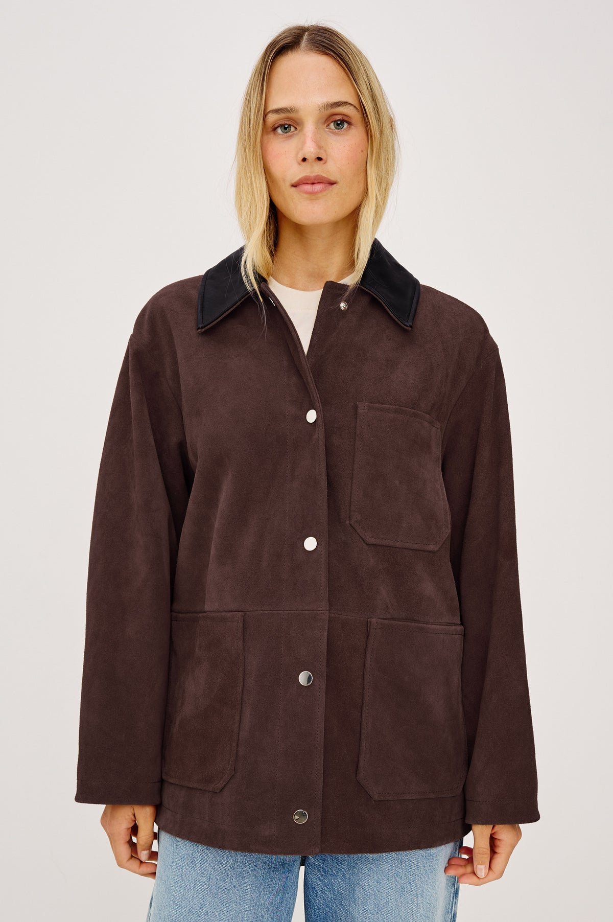 Jaxton Jacket in Suede With Contrast Leather Collar, Relaxed Oversized Fit, Snap-Button Front, Chest Patch Pocket, and Dual Lower Pockets in Espresso Colorway - Upper Body Front View Featured on Model