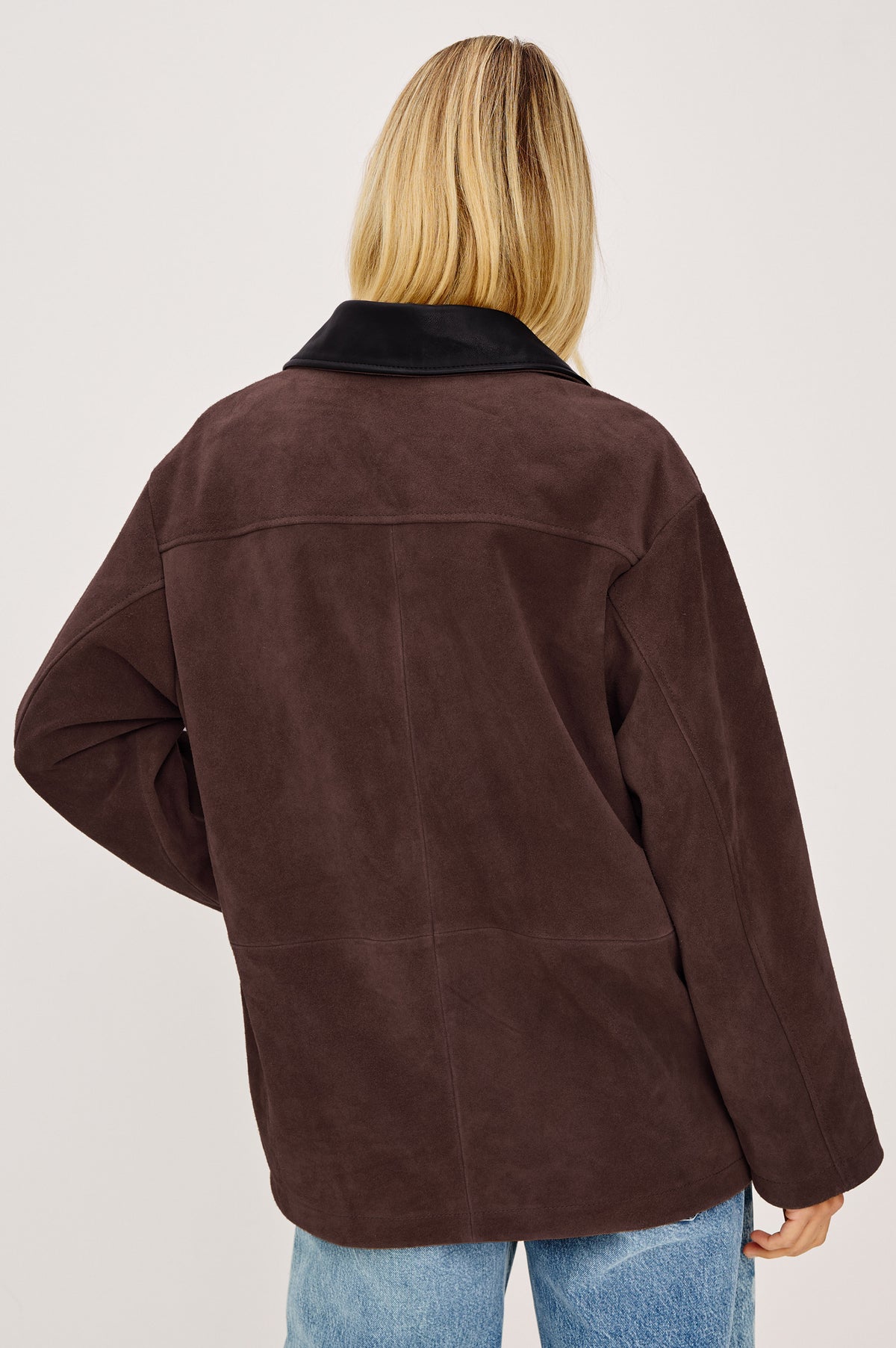 Jaxton Jacket in Suede With Contrast Leather Collar, Relaxed Oversized Fit, Snap-Button Front, Chest Patch Pocket, and Dual Lower Pockets in Espresso Colorway - Upper Body Back View Featured on Model