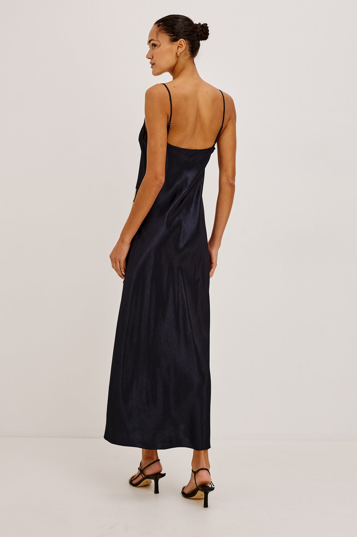 Jaya Midi Dress in Satin-Back Crepe With Scoop Neckline and Adjustabel Spaghetti Straps in Gold Lily Colorway - Upper Body Back View Featured on Model.