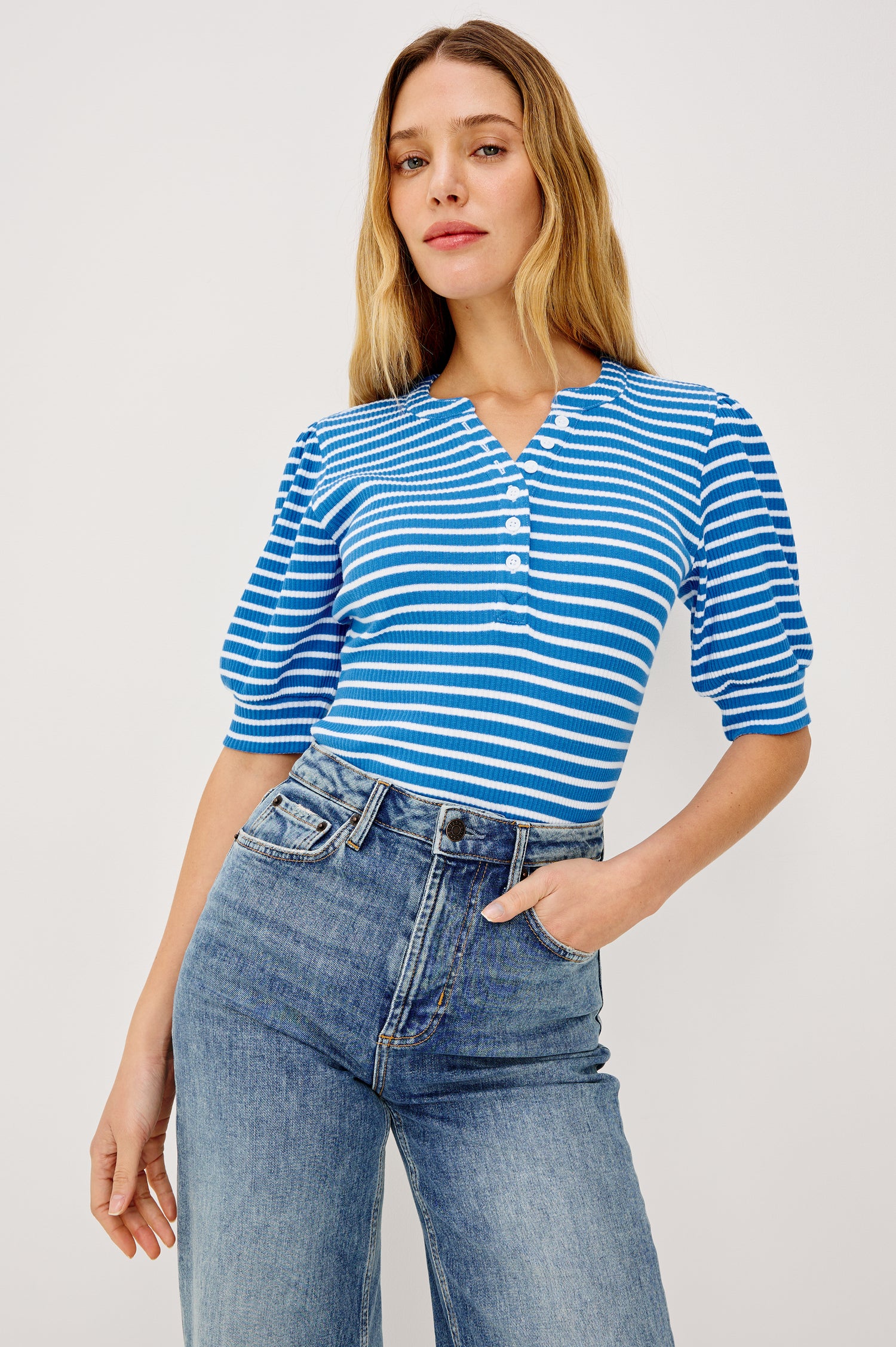 Jewel Puff Short Sleeve With Quarter Down Buttons In Colorway French Blue Stripe - Front View Featured On Model