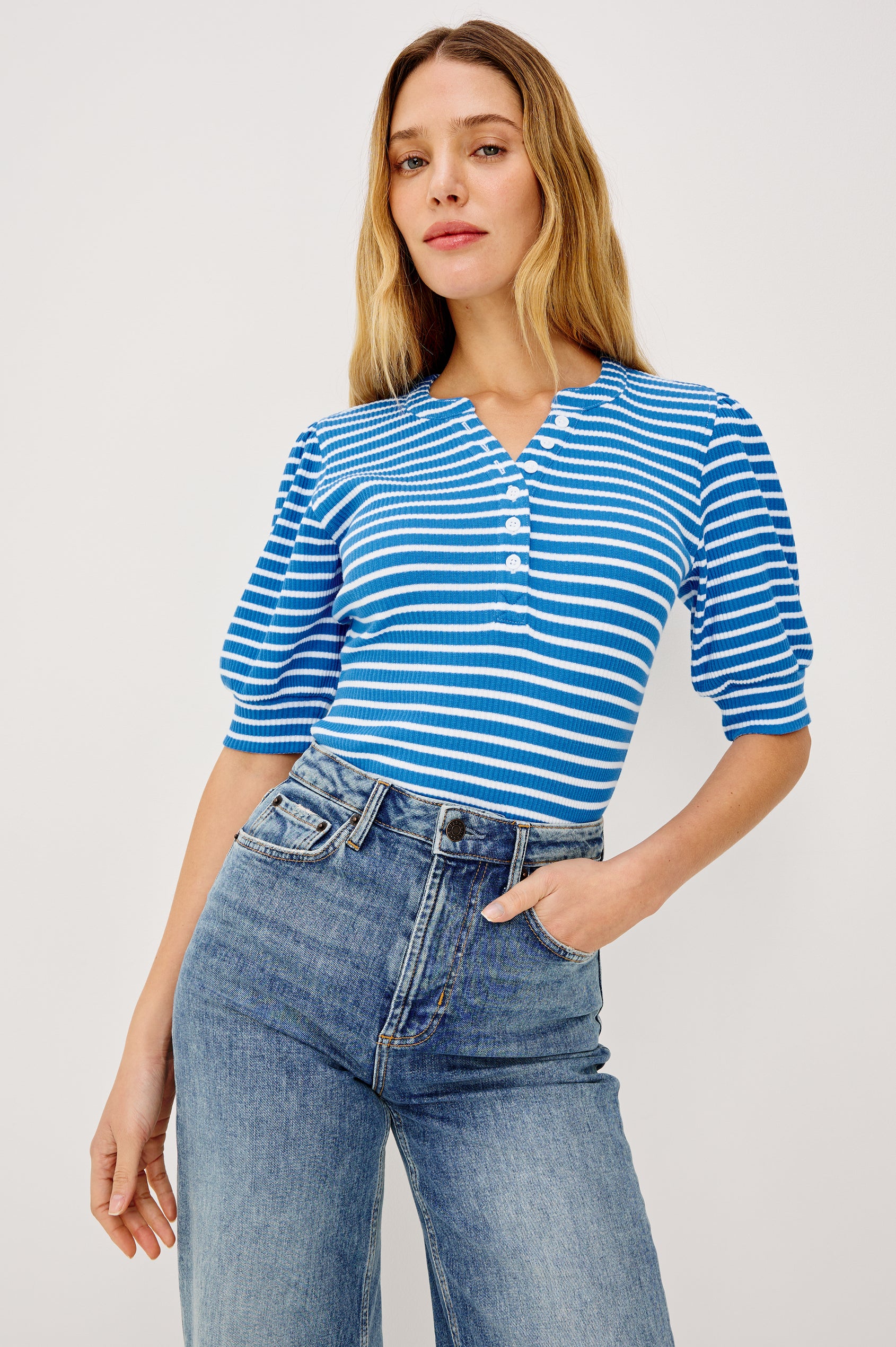 Jewel Puff Short Sleeve With Quarter Down Buttons In Colorway French Blue Stripe - Front View Featured On Model