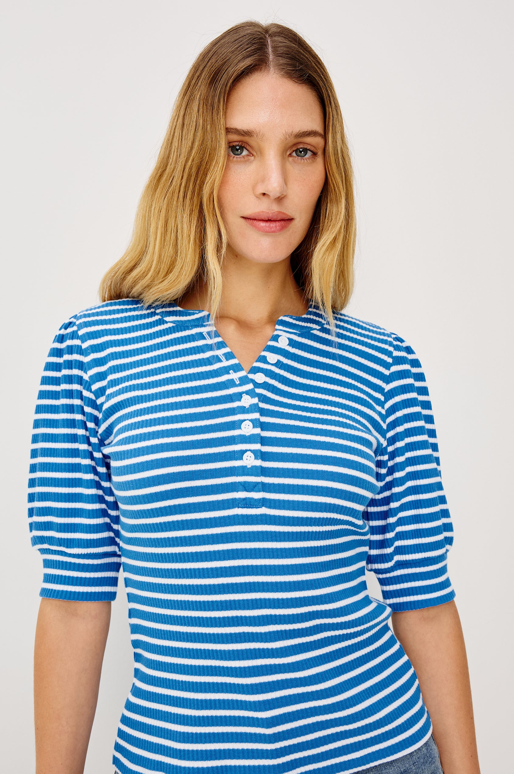 Jewel Puff Short Sleeve With Quarter Down Buttons In Colorway French Blue Stripe - Front View Featured On Model
