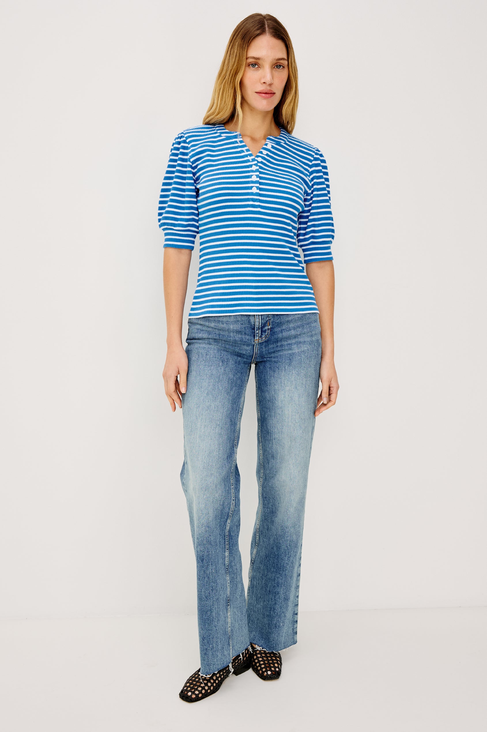 Jewel Puff Short Sleeve With Quarter Down Buttons In Colorway French Blue Stripe - Front View Featured On Model