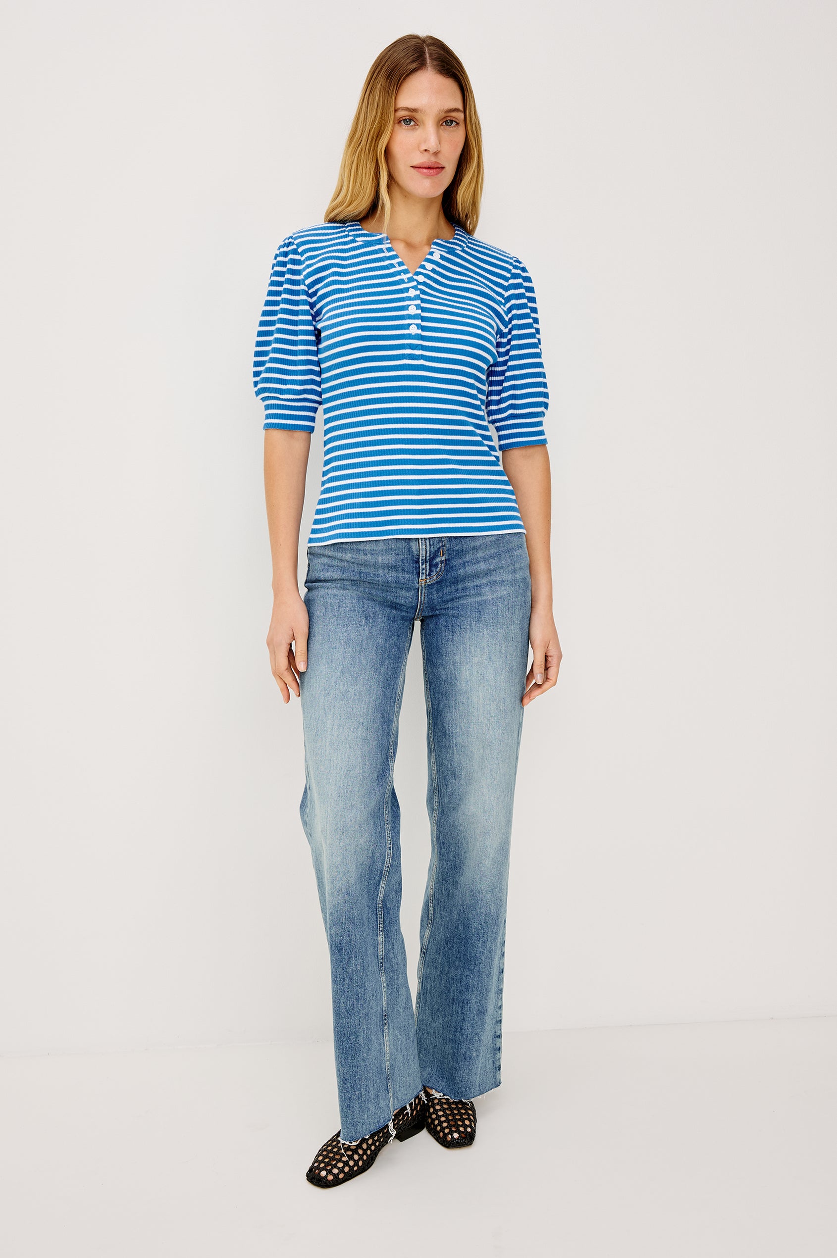 Jewel Puff Short Sleeve With Quarter Down Buttons In Colorway French Blue Stripe - Front View Featured On Model