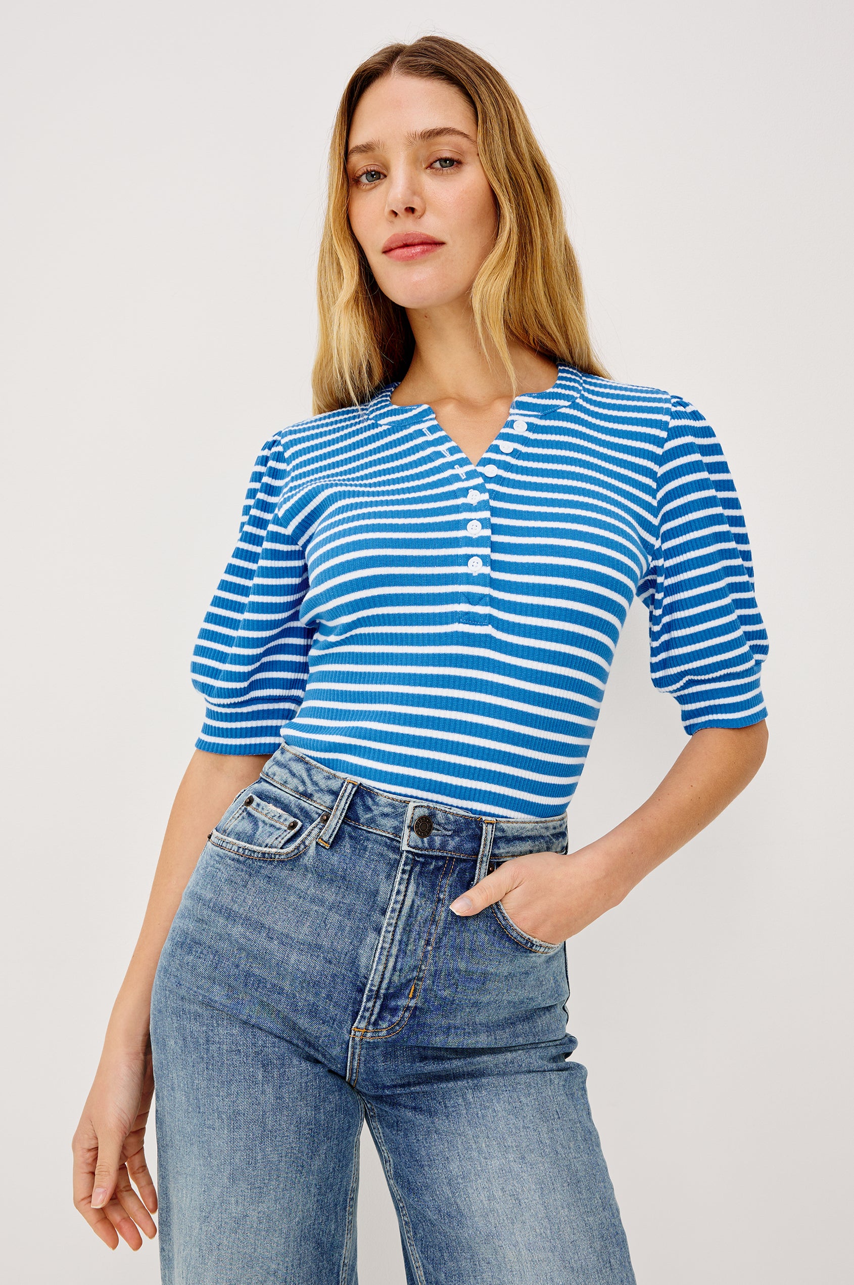 Jewel Puff Short Sleeve With Quarter Down Buttons In Colorway French Blue Stripe - Back View Featured On Model