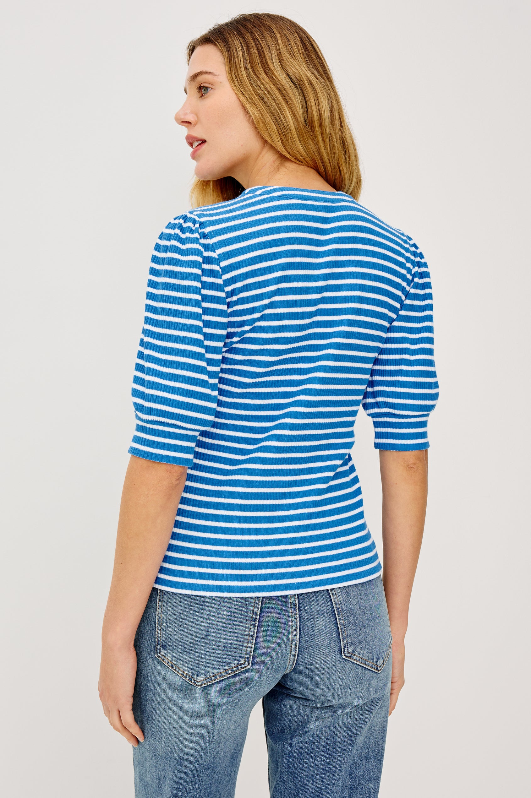 Jewel Puff Short Sleeve With Quarter Down Buttons In Colorway French Blue Stripe - Back View Featured On Model