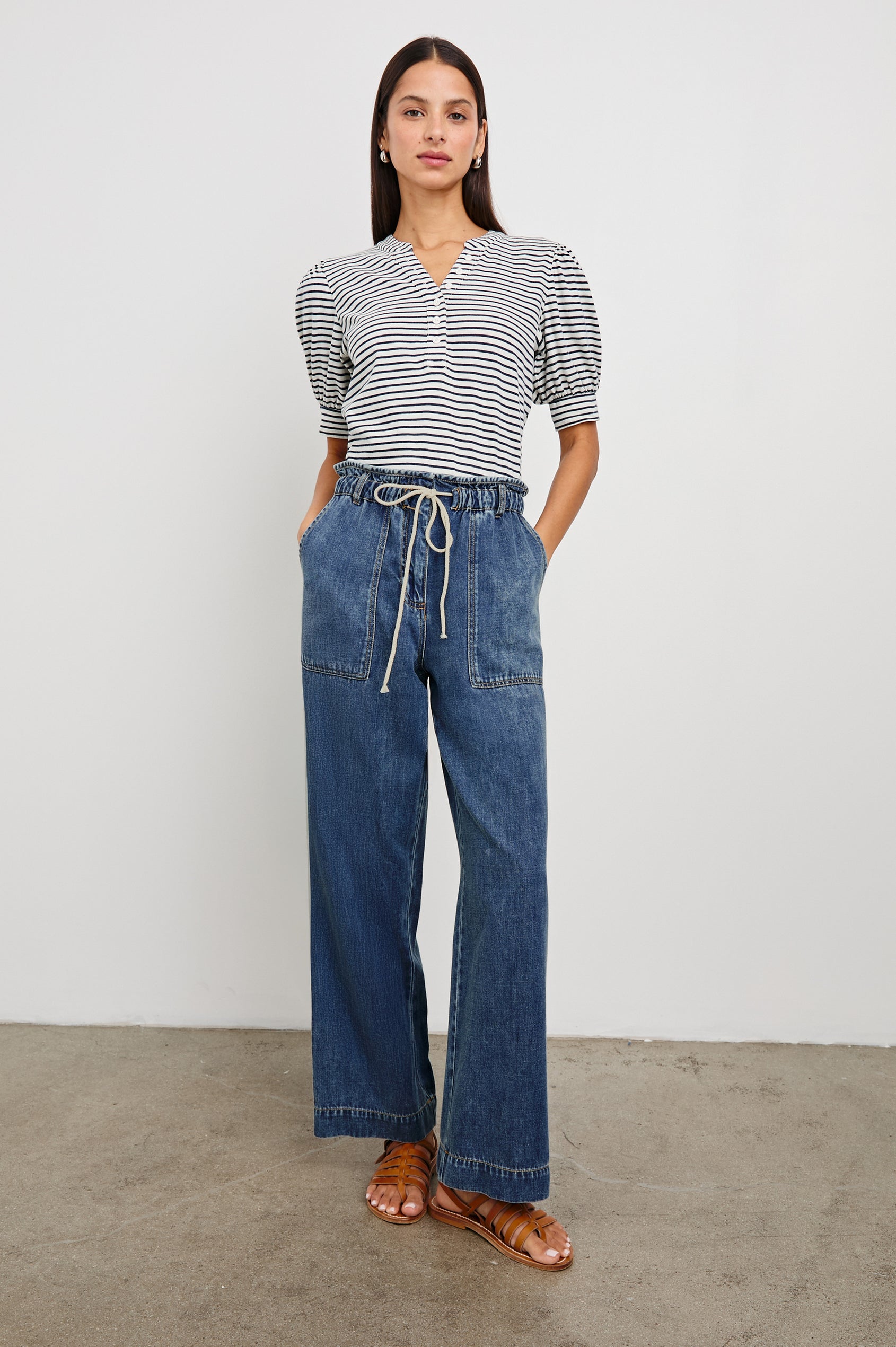 Jewel Puff Short Sleeve With Quarter Down Buttons In Colorway Ivory Navy Micro Stripe - Full Front Body View Featured On Model