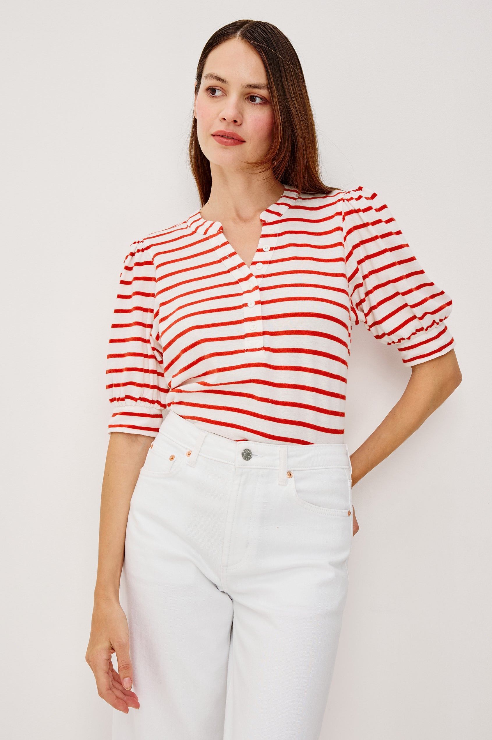 Jewel Top WIth Band Split V-Neck Front Buttons Short Puff Sleeves and Relaxed Fit in Scarlet Ivory Stripe Colorway - Upper Body Front View Featured on Model