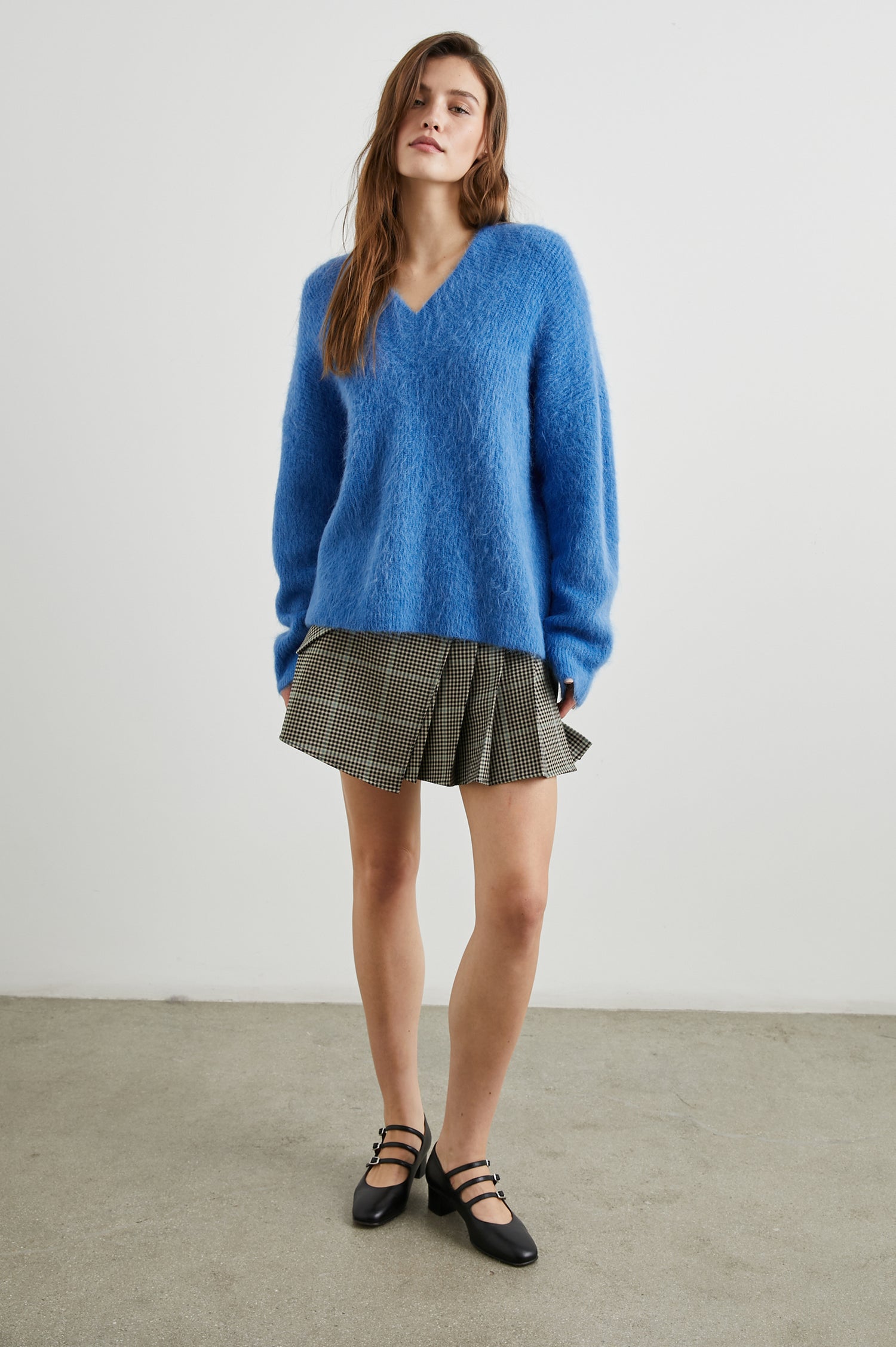 Jodie Long-Sleeve Sweater with a V Neck in Cobalt Colorway  - Front Full Body View Featured on Model